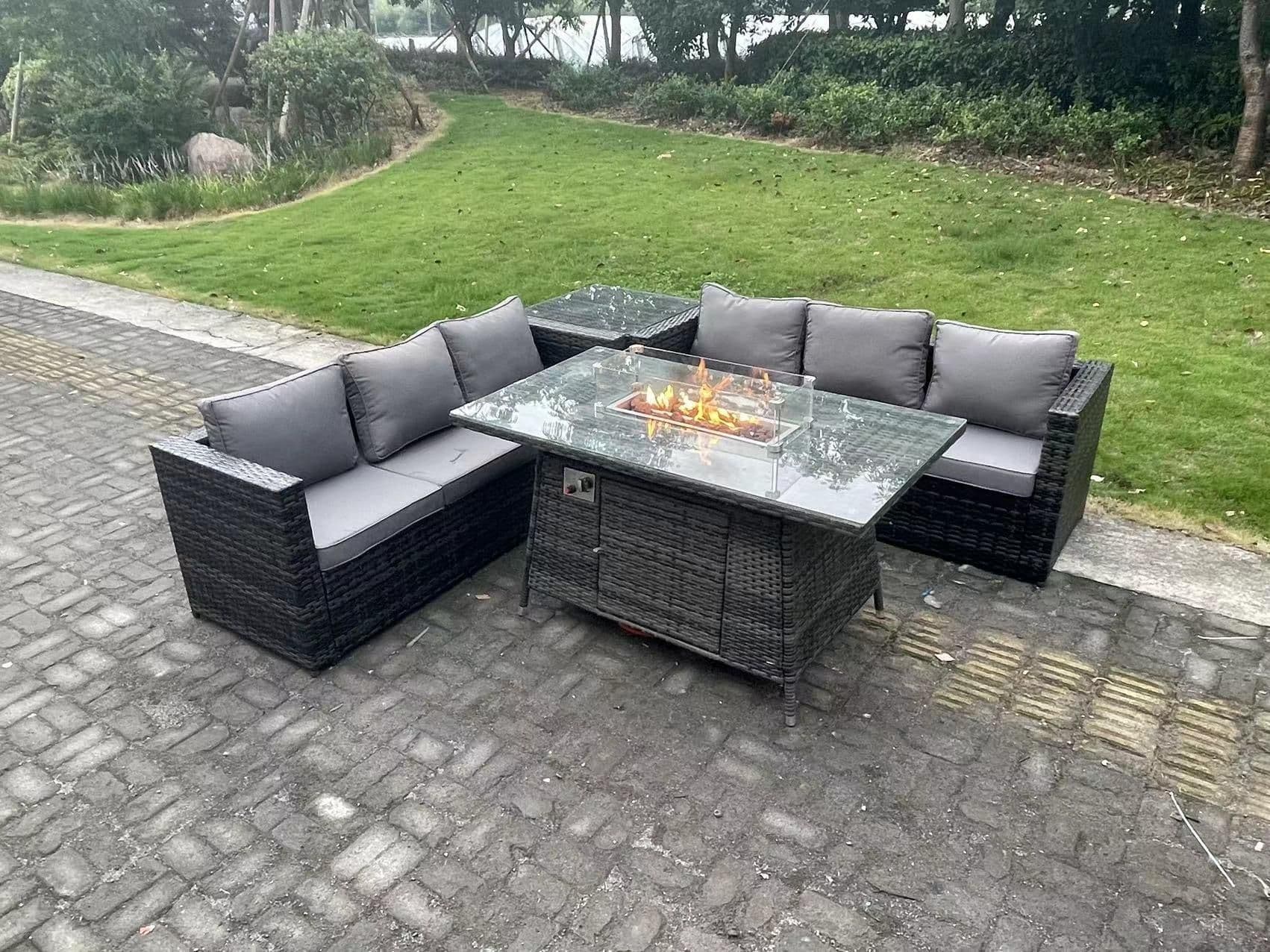 Outdoor Rattan Gas Fire Pit Dining Table Sets Gas Heater Side Table 6 Seater