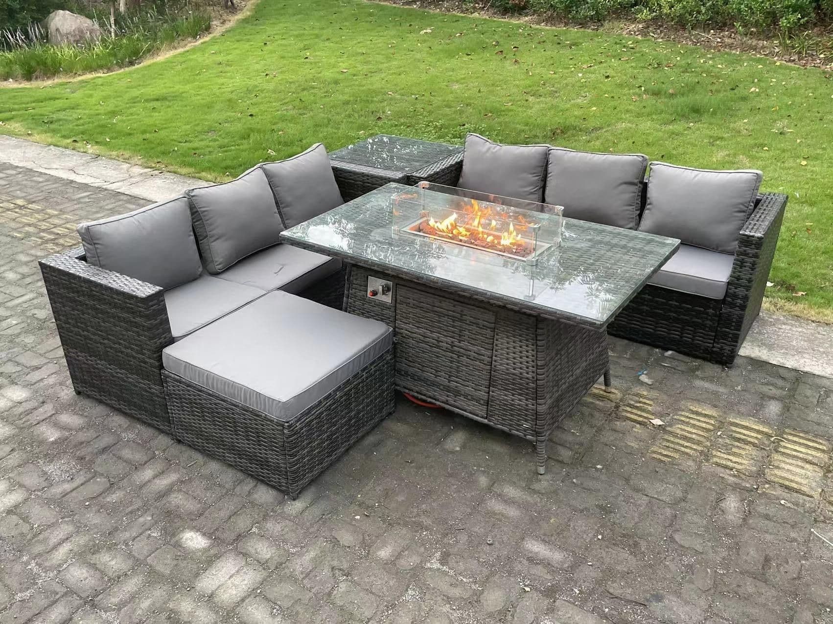 Rattan Gas Fire Pit Dining Table Sets Heater Lounge Big Footstool 7 Seater