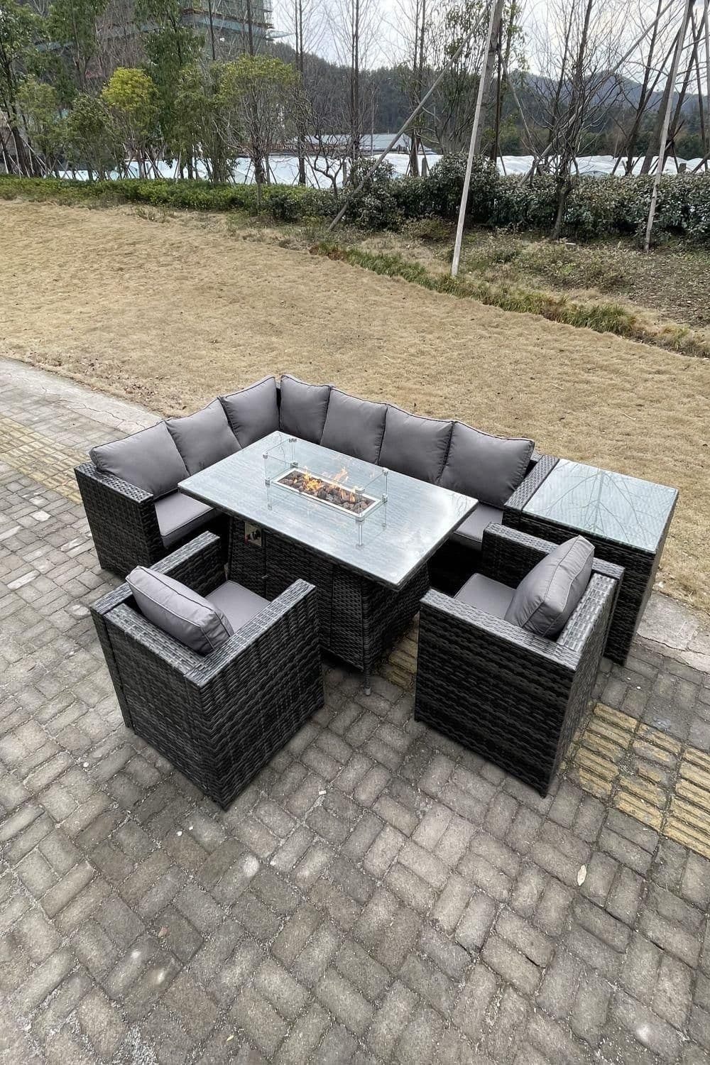 Outdoor Rattan Garden Corner Furniture Gas Fire Pit Dining Table Heater Sets Lounge 8 Seater