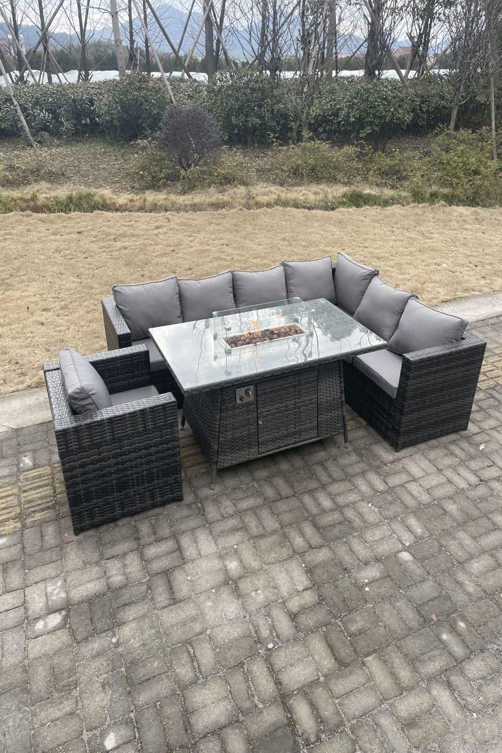 Rattan Garden Corner Furniture Gas Fire Pit Dining Table Heater Sets Lounge Chair 7 Seater
