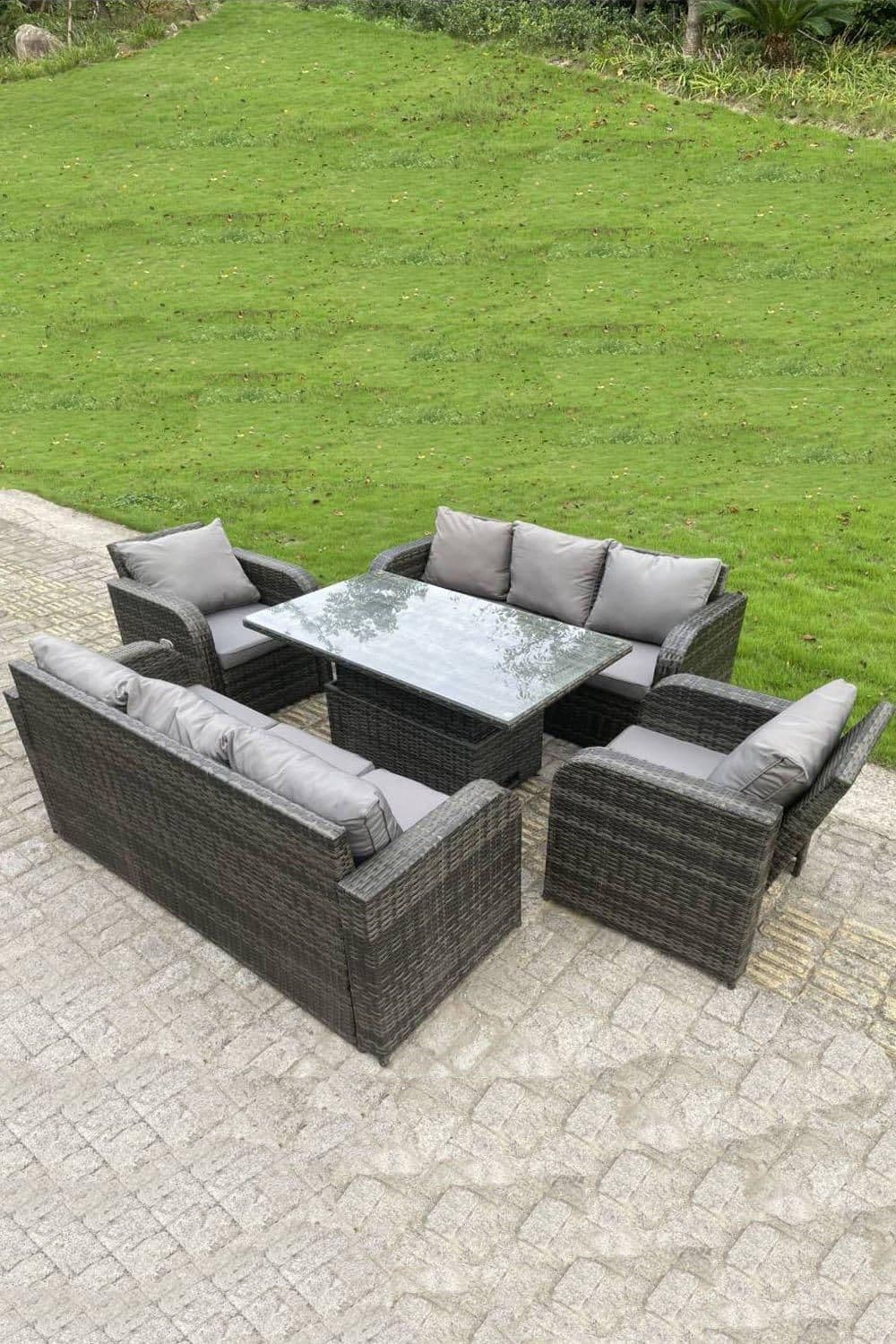 Outdoor Rattan Sofa Set Lounge Dining Table Height Adjustable Lifting Table Reclining Chairs