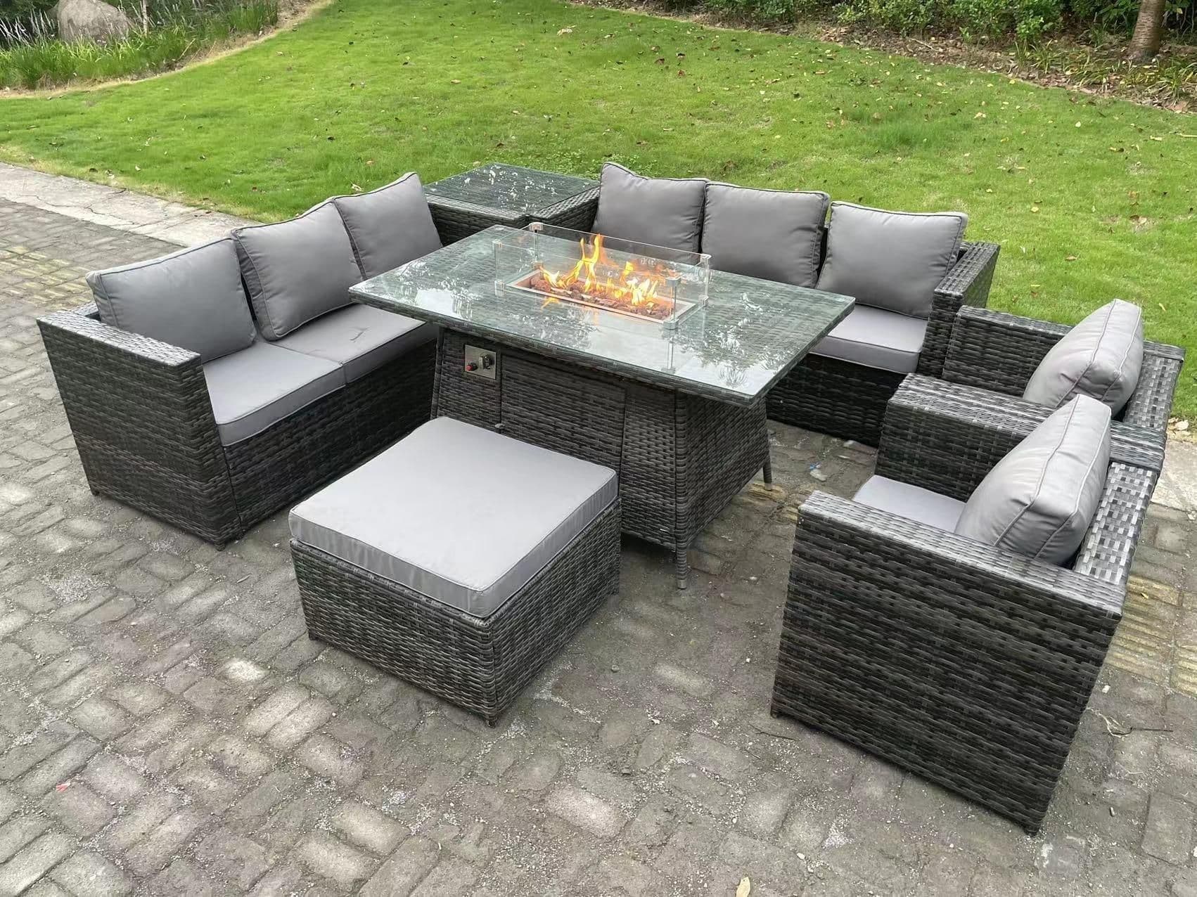 9 Seater Outdoor Rattan Gas Fire Pit Table Sets Lounge Chairs Big Footstool