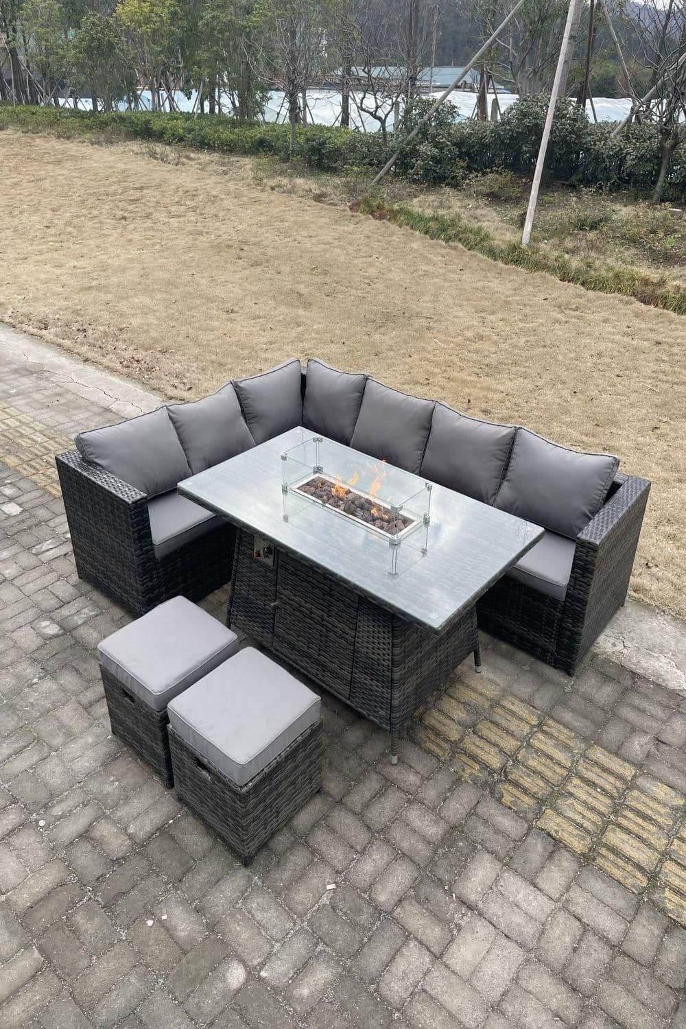 Rattan Garden Corner Furniture Gas Fire Pit Table Sets 8 Seater