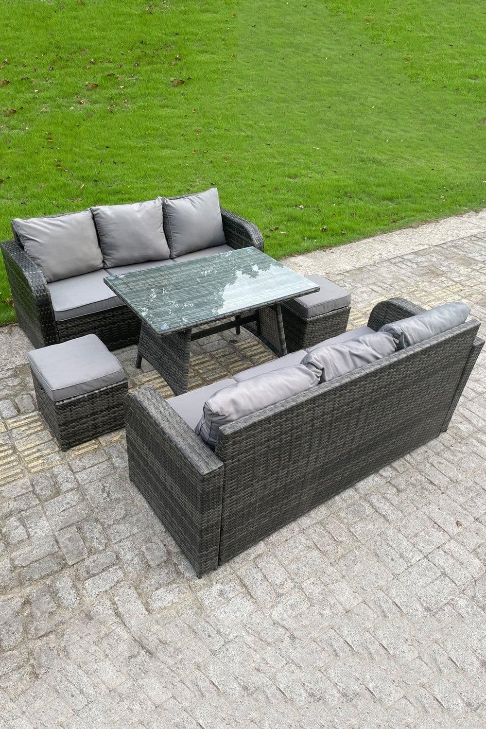 Outdoor Rattan Sofa Set Dining Table Curved Arm Lounge Sofa Small Footstools 8 Seater