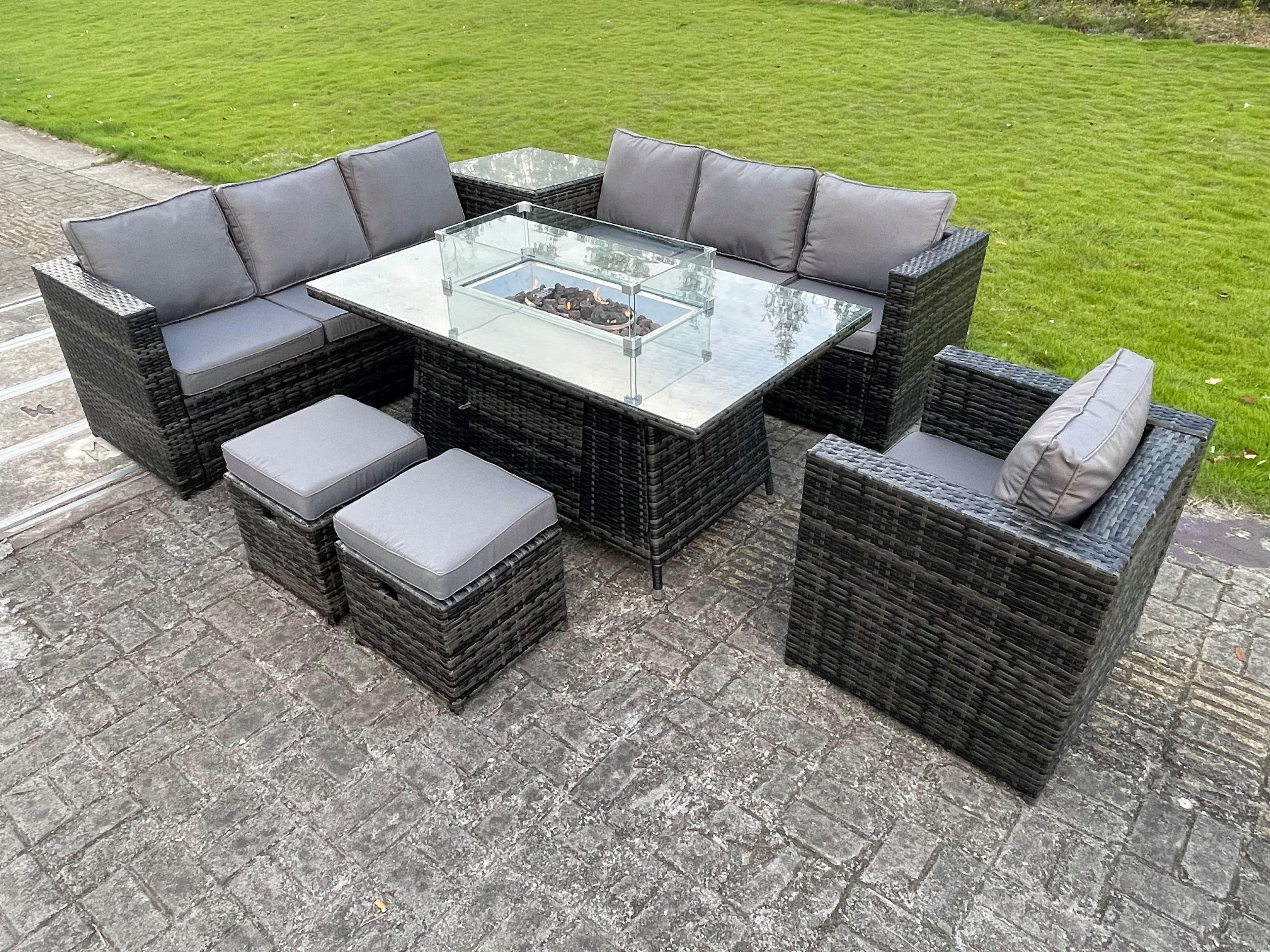 Outdoor Rattan Garden Corner Furniture Gas Fire Pit Table Sets Gas Heater Lounge Chair
