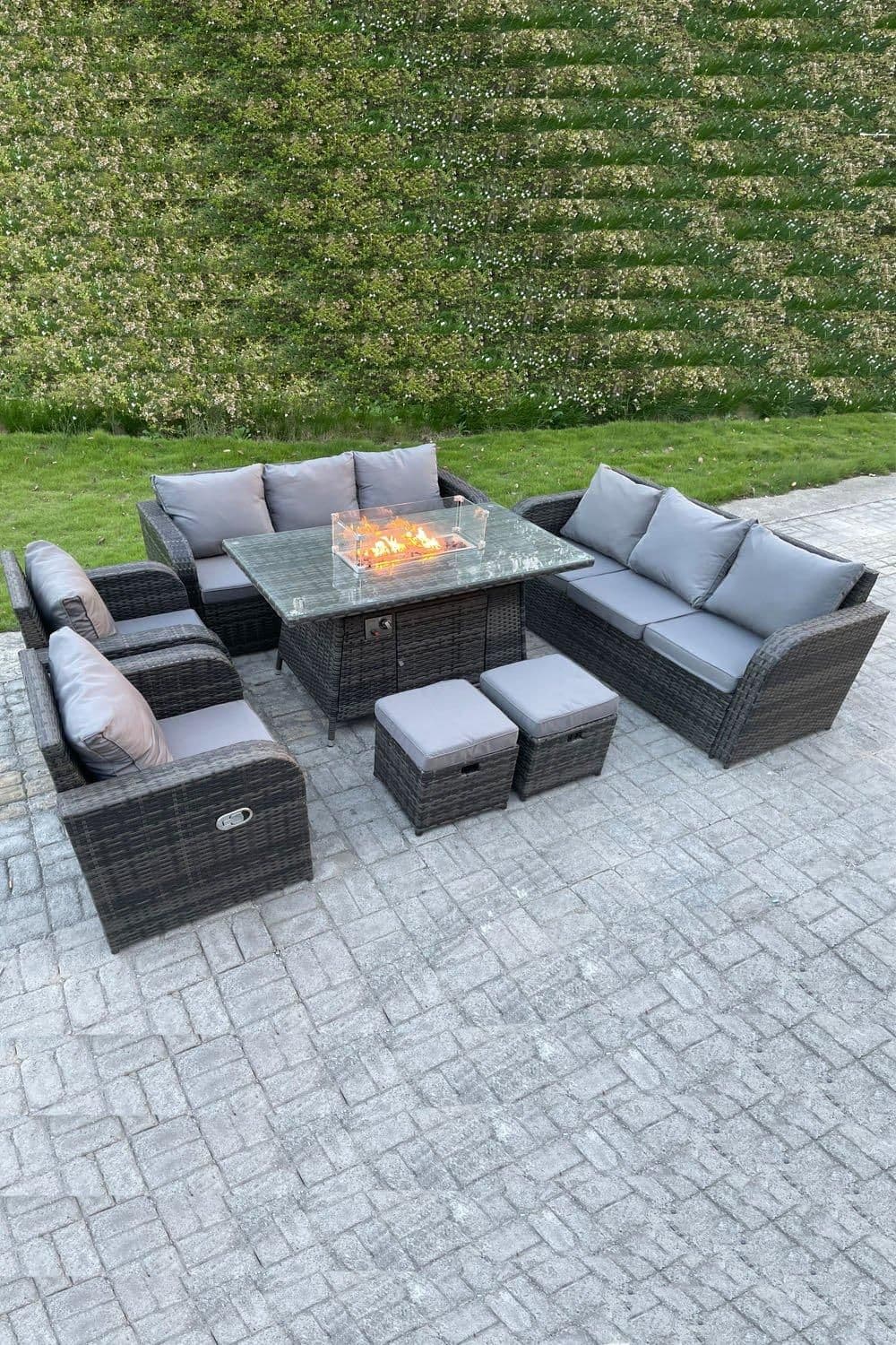 Outdoor Rattan High Back Sofa Set Fire Pit Dining Table Gas Heater 2 Recling Chairs Footstools 10 Seater