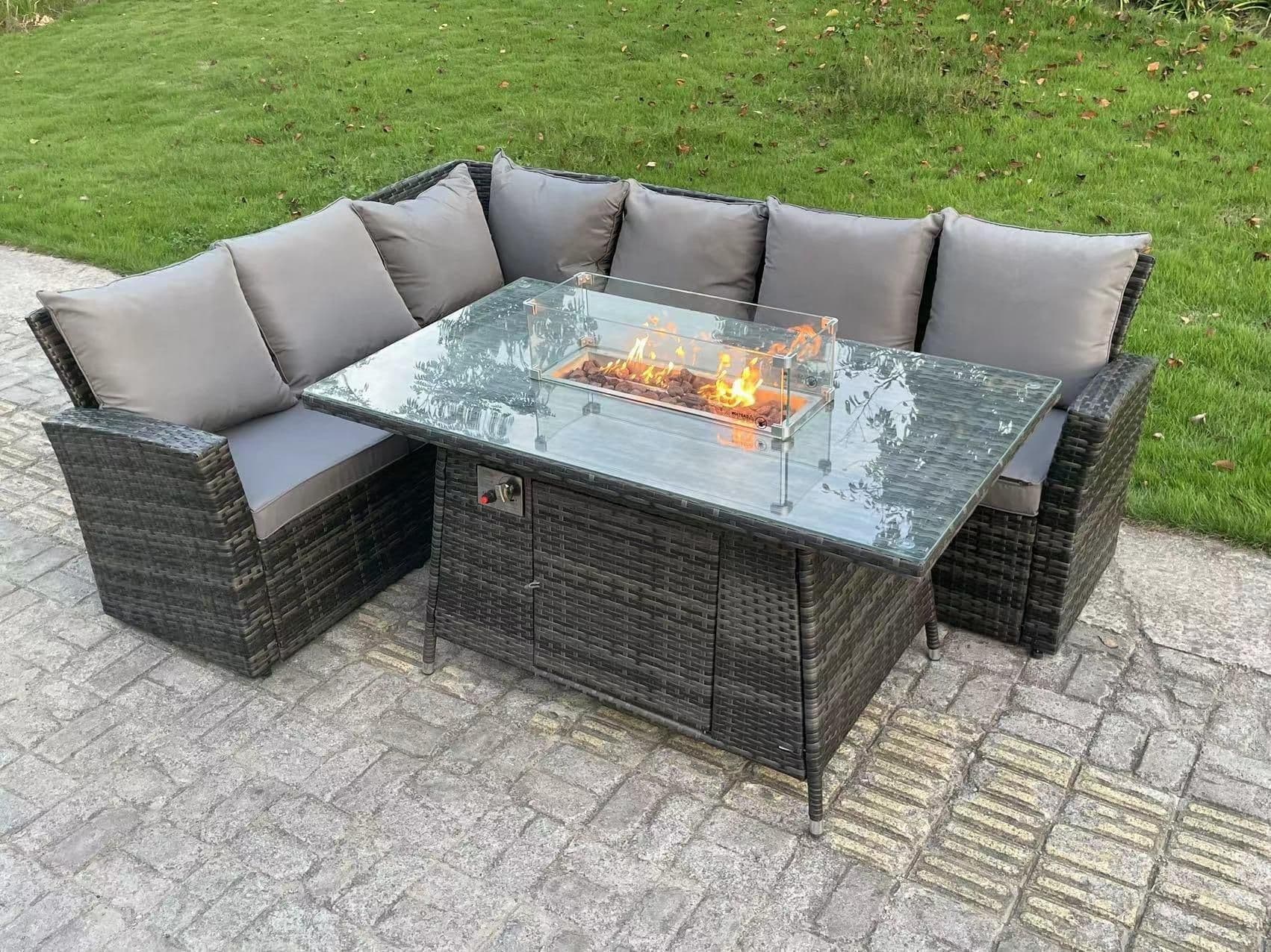 Outdoor Rattan High Back Sofa Set Gas Fire Pit Dining Table Gas Heater Burner 6 Seater