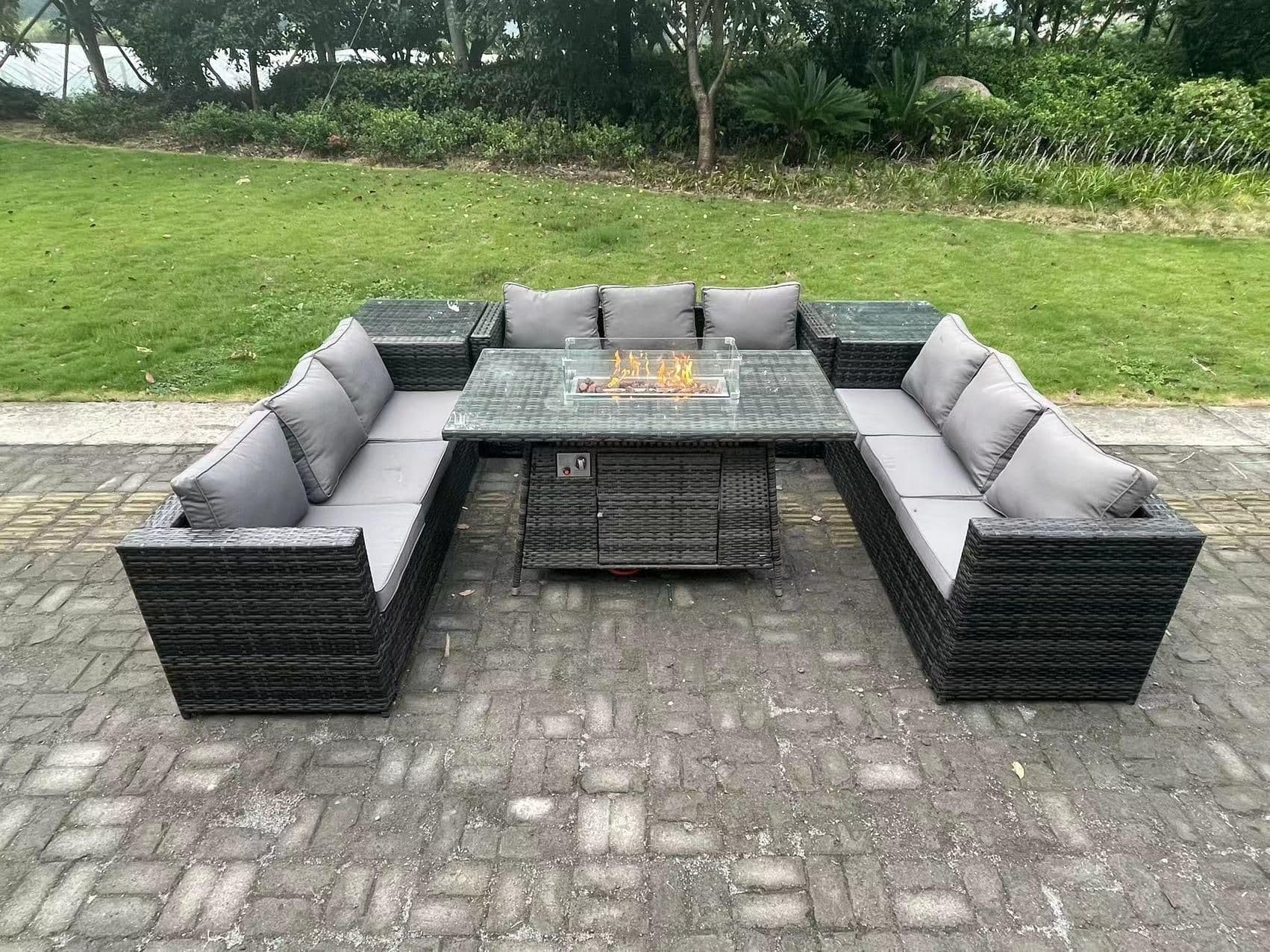 Outdoor Rattan Gas Fire Pit Dining Table Gas Heater Sets Side Tables 9 Seater
