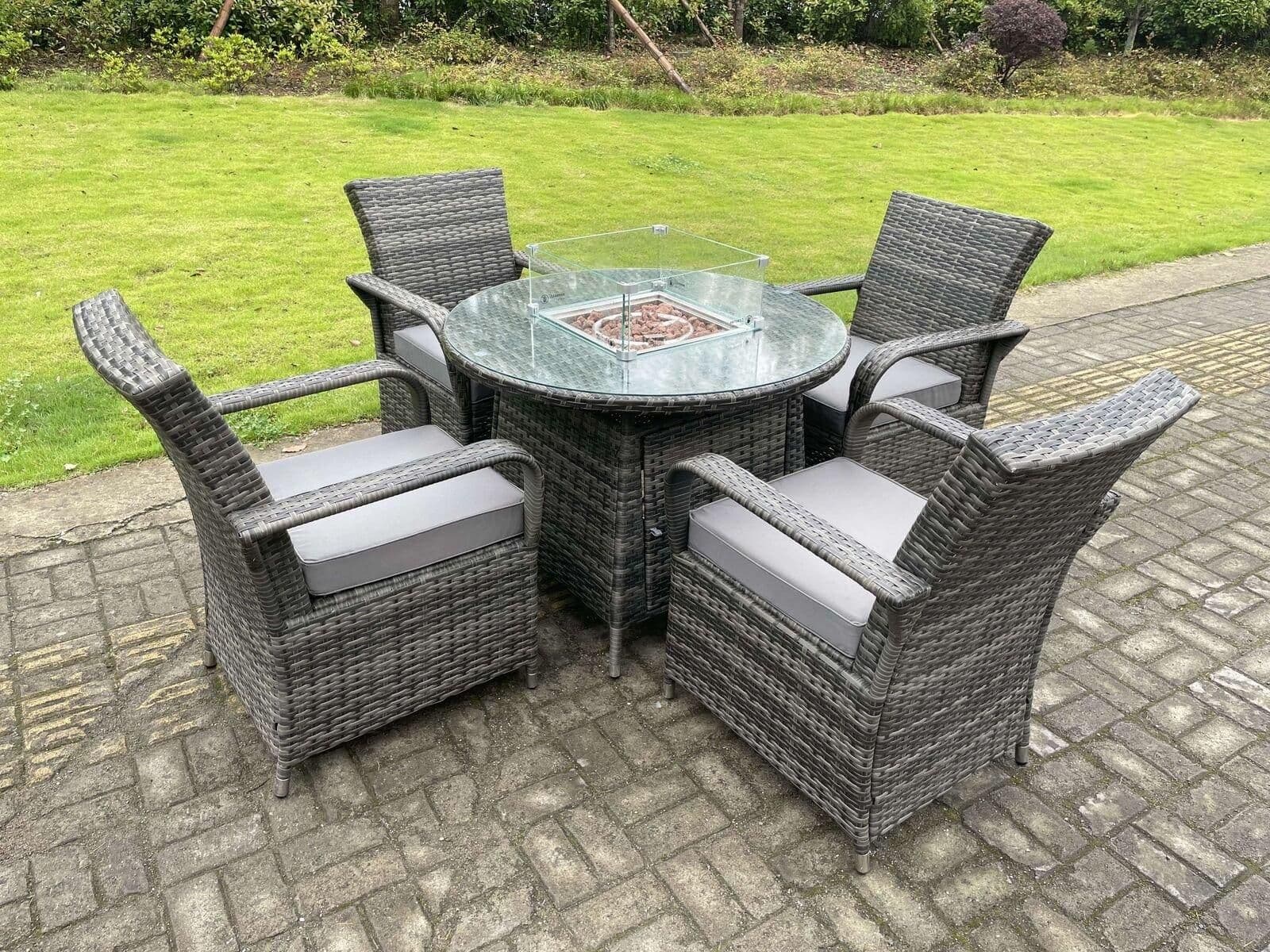 Rattan Garden Furniture Gas Fire Pit Round Dining Table Gas Heater Dining Chairs 4 Seater