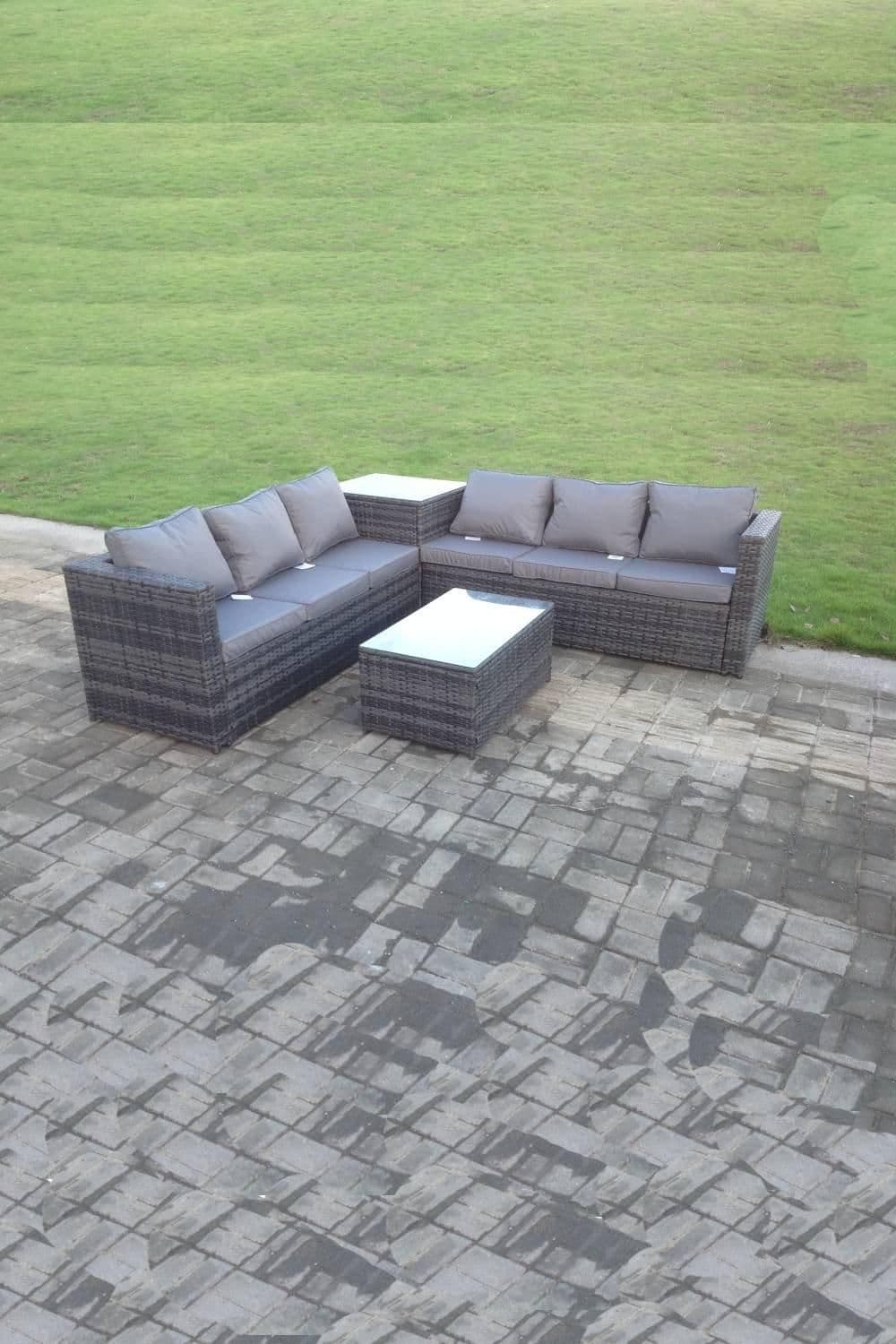 Rattan Corner Sofa Set Outdoor Oblong Coffee Table Set Patio Furniture Cushions