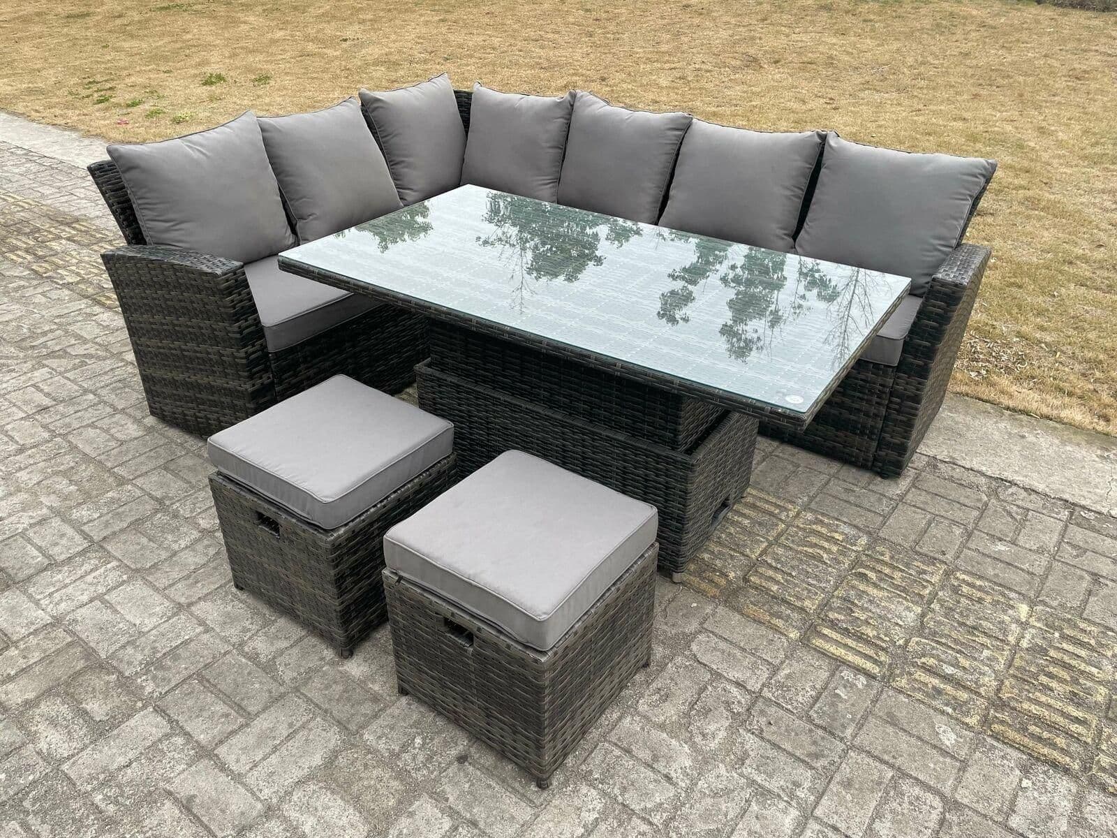 High Back Rattan Corner Sofa Sets Adjustable Rising Table 8 Seater