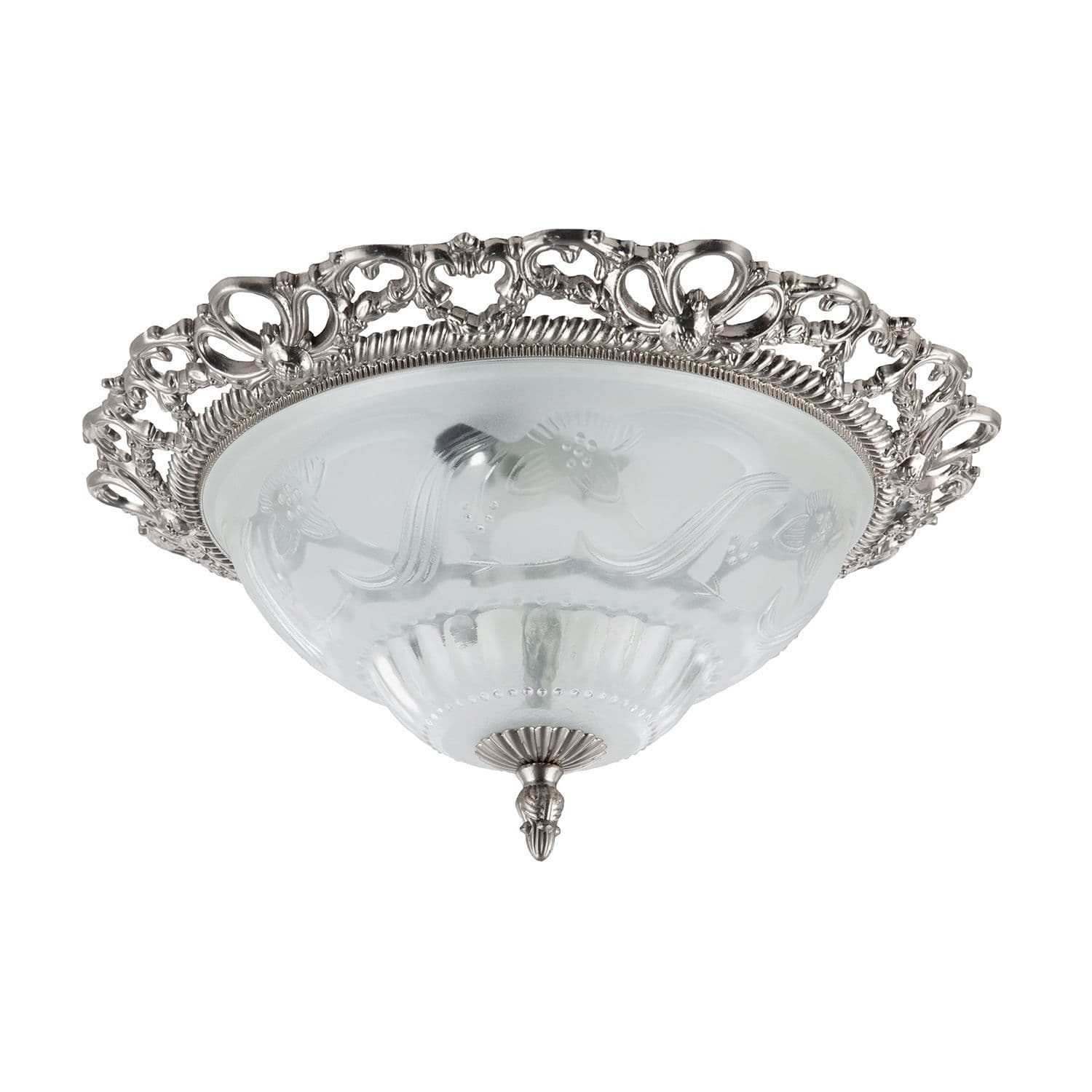Traditional Satin Nickel and Floral Glass Flush Ceiling Light