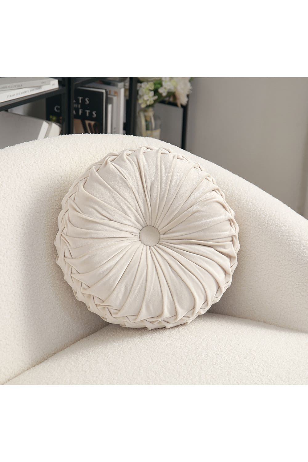 35cm Dia Beige Round Pleated Pumpkin Velvet Cushion