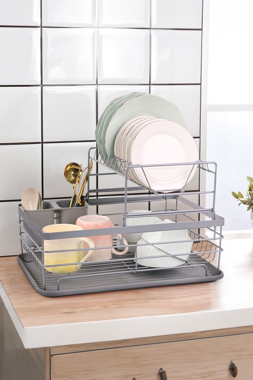 2 Tier Metal Detachable Dish Drainer Rack Sink Washing Plates Draining Board