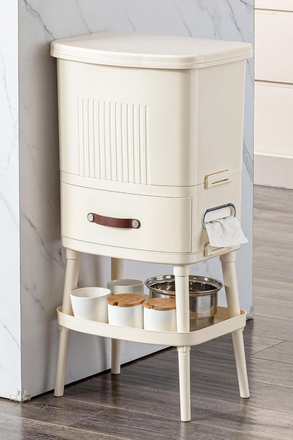 30L Kitchen Recycling Bin Trash Can 4-Section Dustbin with Drawer, Storage Shelf, Lid