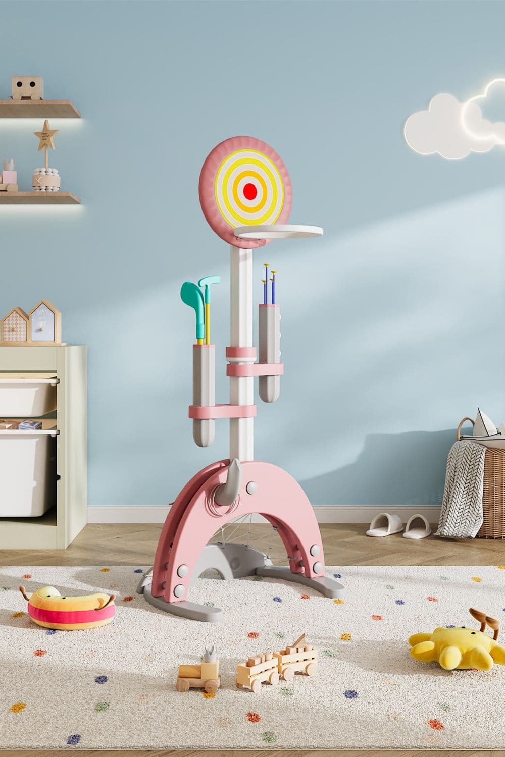Toddler 6-in-1 Pink Basketball Stand Set，with Basketball Shooting, Dart Throwing, Archery, Goal Scoring, Golf, and Rings