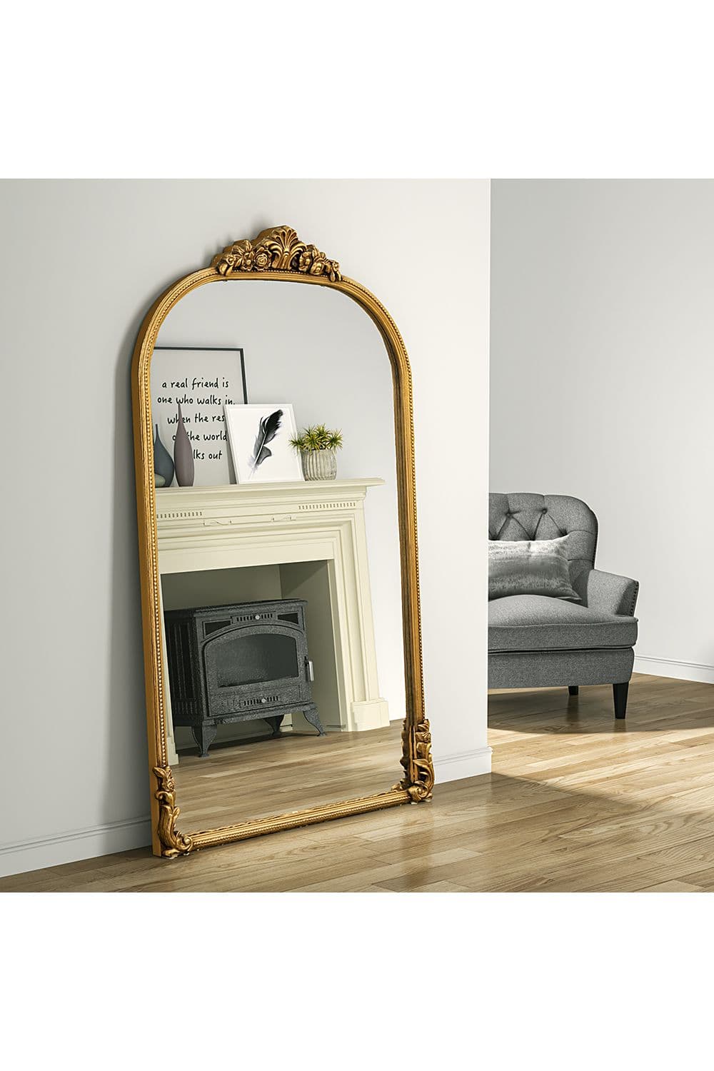 Ornate Decorative Arched Full Length Mirror Wooden Freestanding Mirror