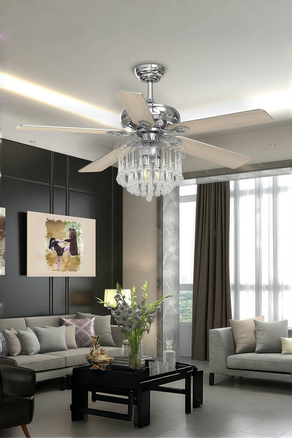 52" Crystal Chrome Ceiling Fan Light Fixture with 5 Wood Blades