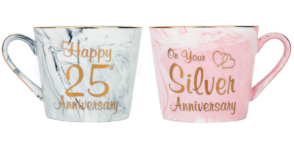 Beautiful 25th Anniversary Grey and Pink Marble Ceramic Mugs with Golden Trim