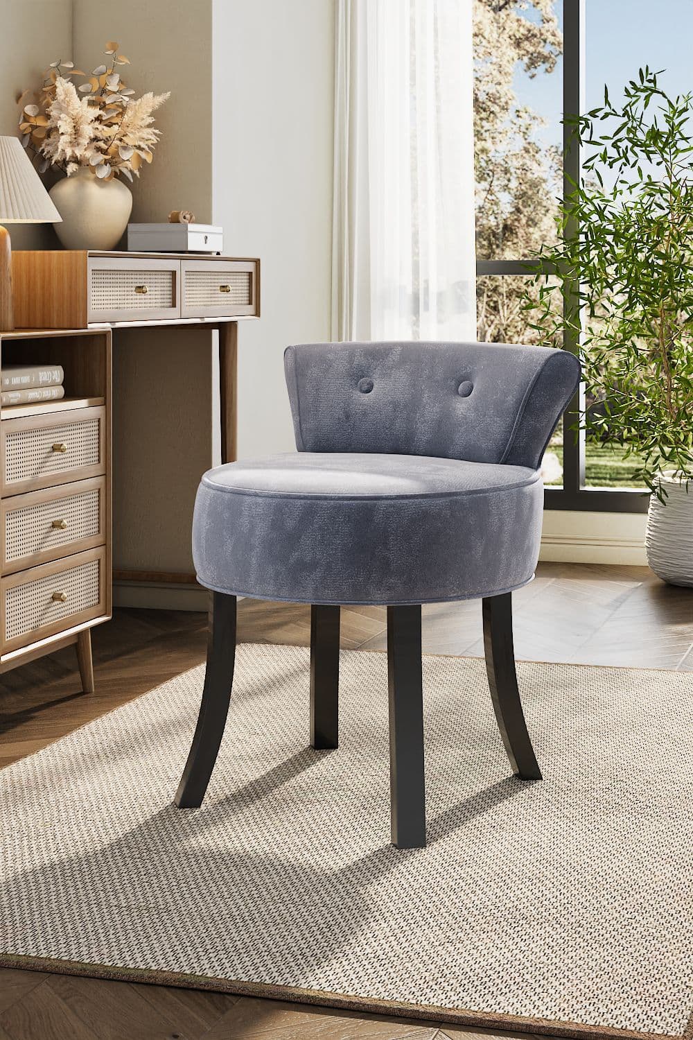 Grey Velvet Make Up Chair Dressing Footstool with Black Legs