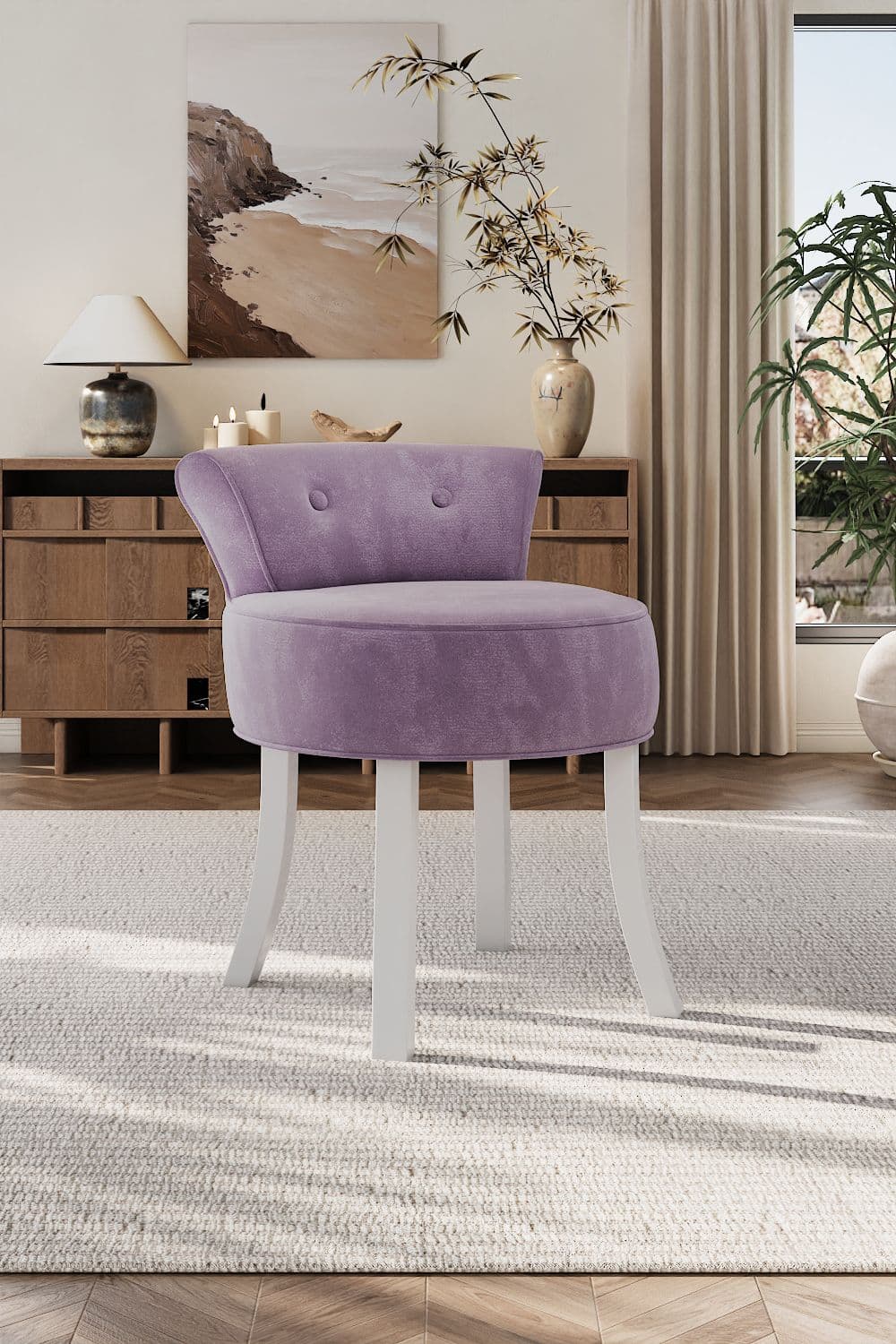 Purple Velvet Make Up Chair Dressing Footstool with White Legs