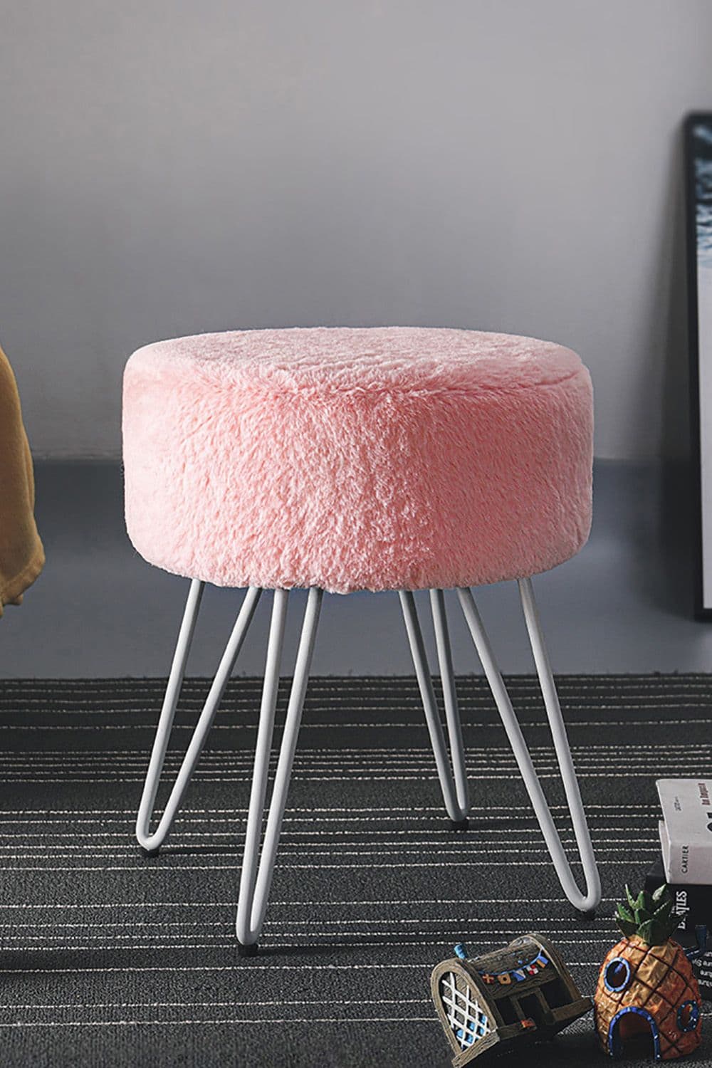 Soft Fluffy Pink Low Chair Dressing Footstool with Metal Leg
