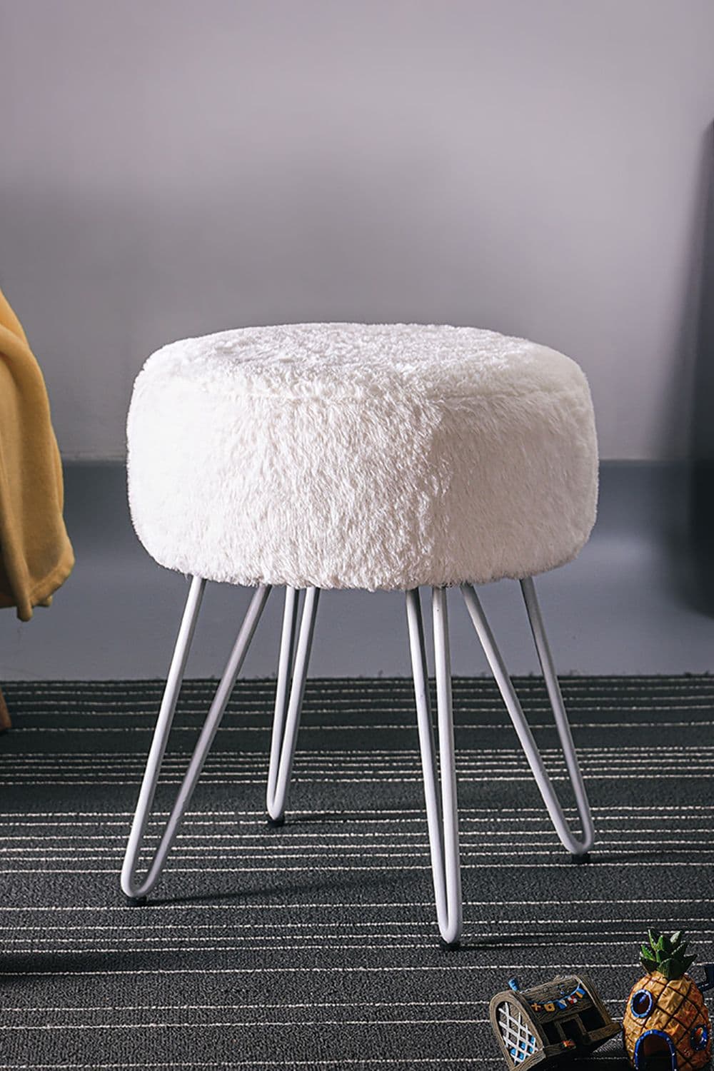 Soft Fluffy White Low Chair Dressing Footstool with Metal Leg