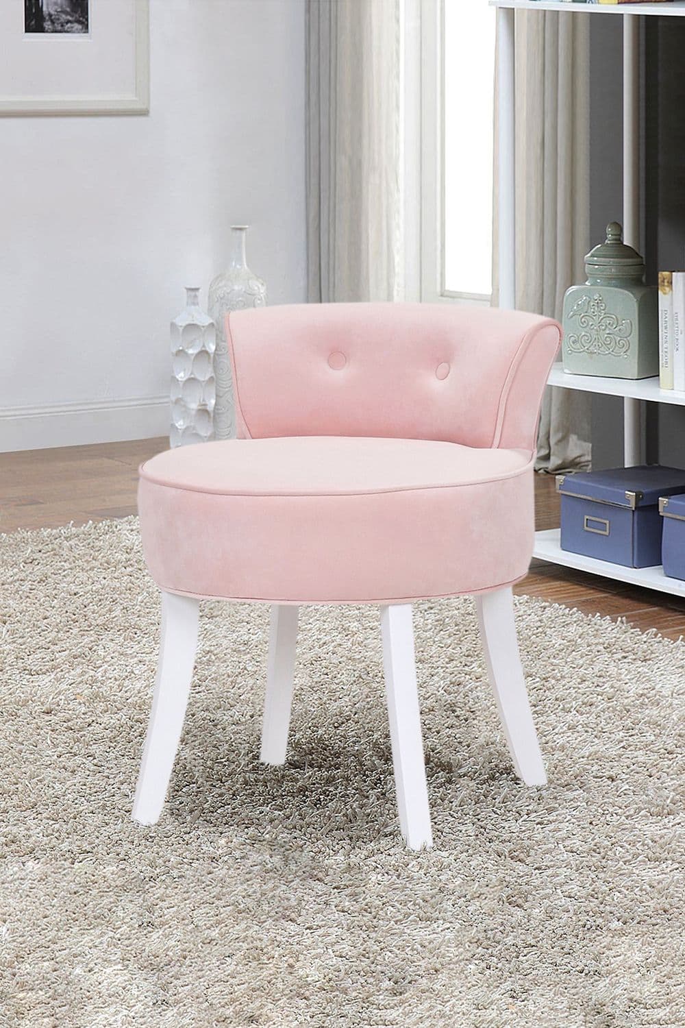 Pink Velvet Soft Seat Low Back Dressing Footstool with White Legs