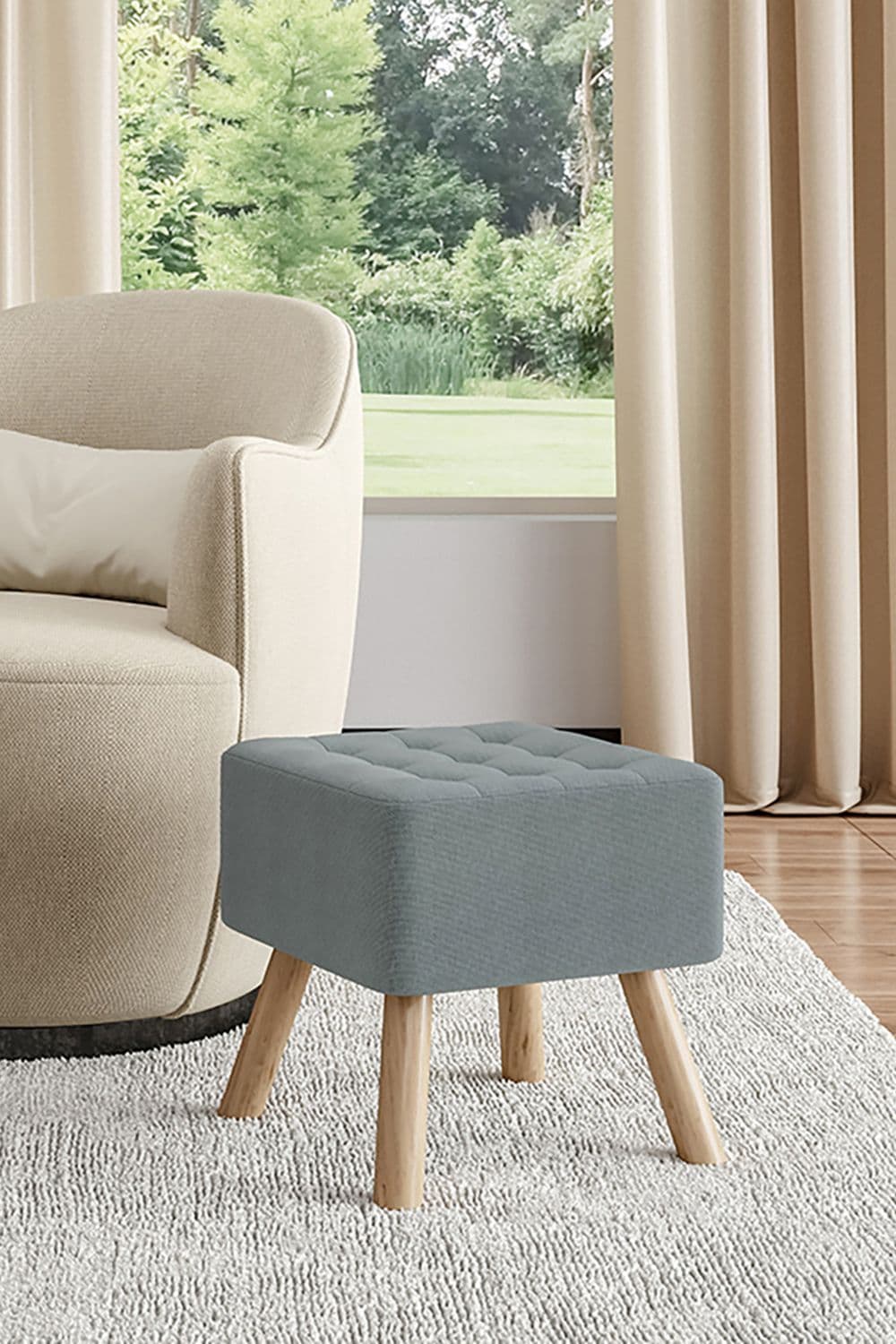 Grey Linen Padded Wooden Leg Square Footstool
