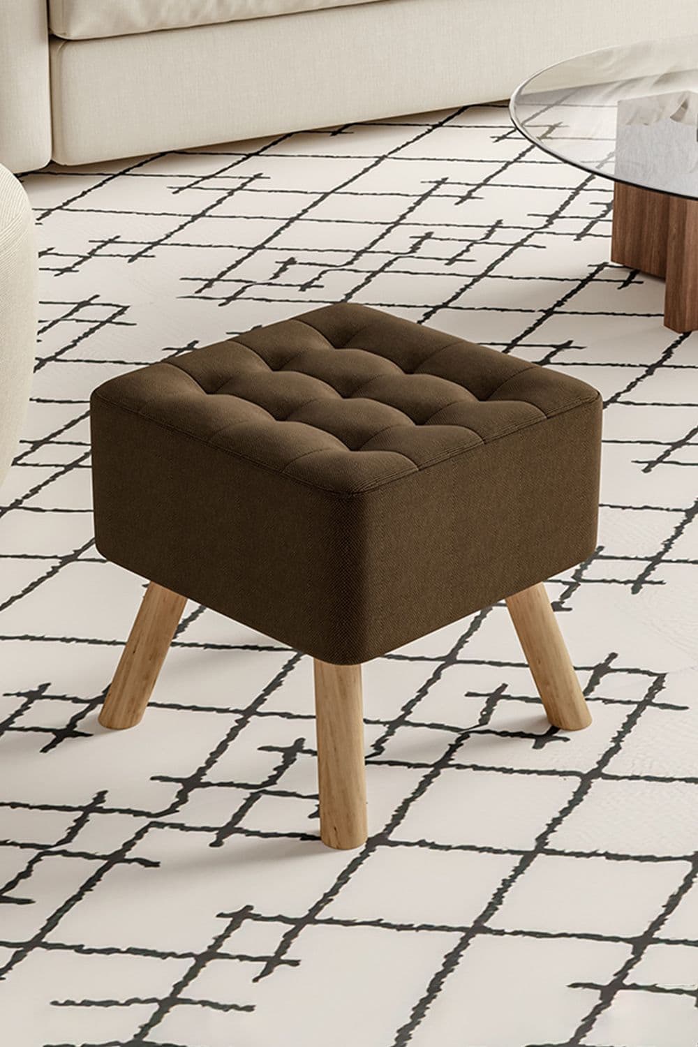Brown Linen Padded Wooden Leg Square Footstool