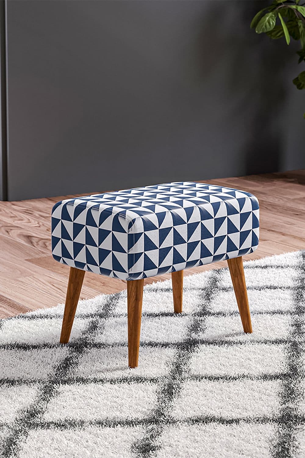 Triangle Printing Patterned Linen Ottoman Footstool with Walnut Color Legs