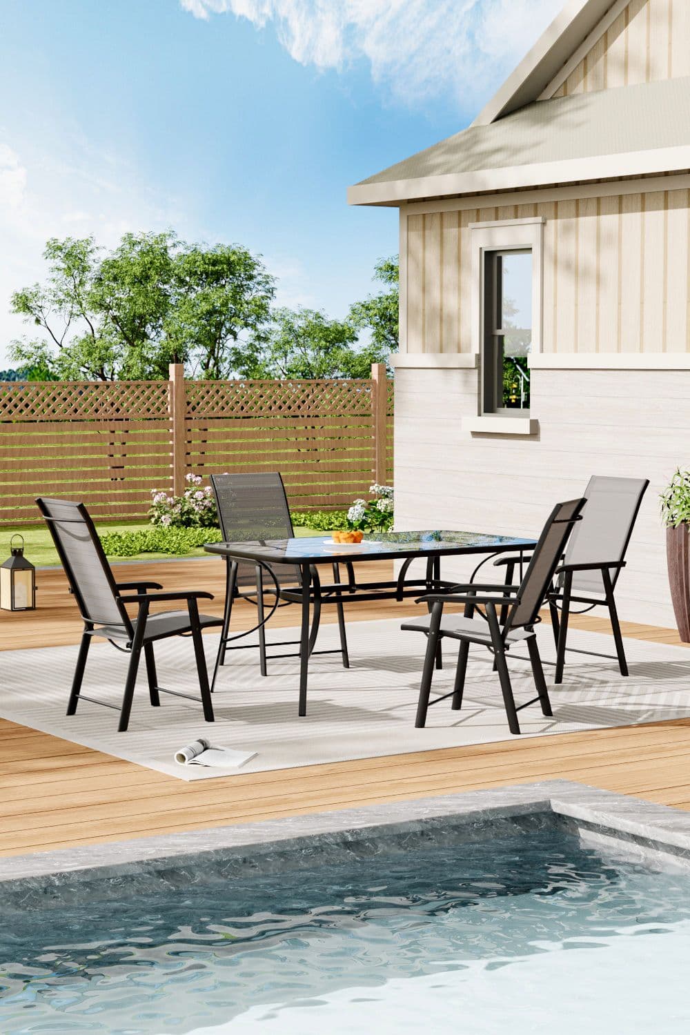 5 Pcs Rectangular Dining Table Set with Parasol Hole