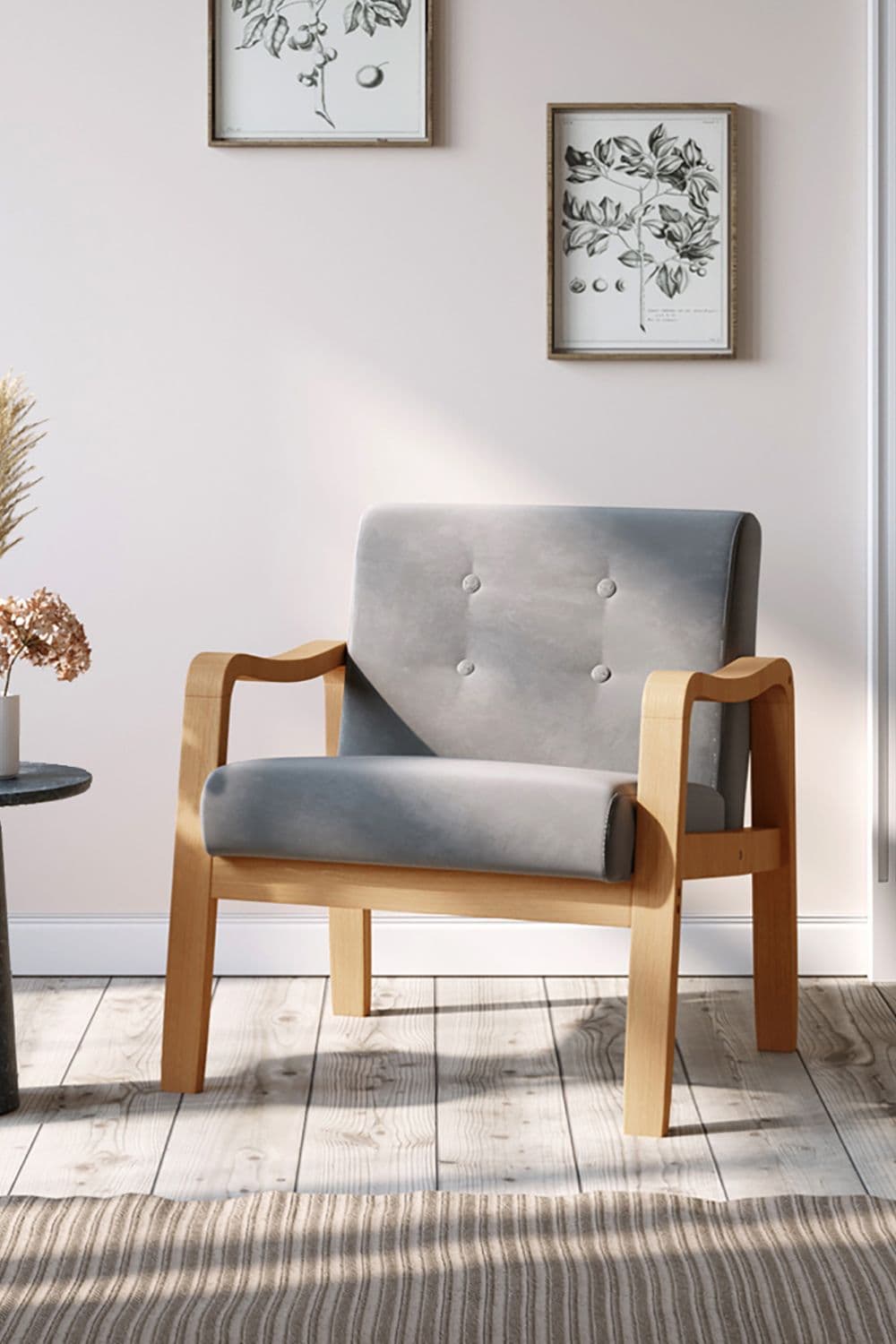 Grey Wood Frame Upholstered Armchair with Square Leg