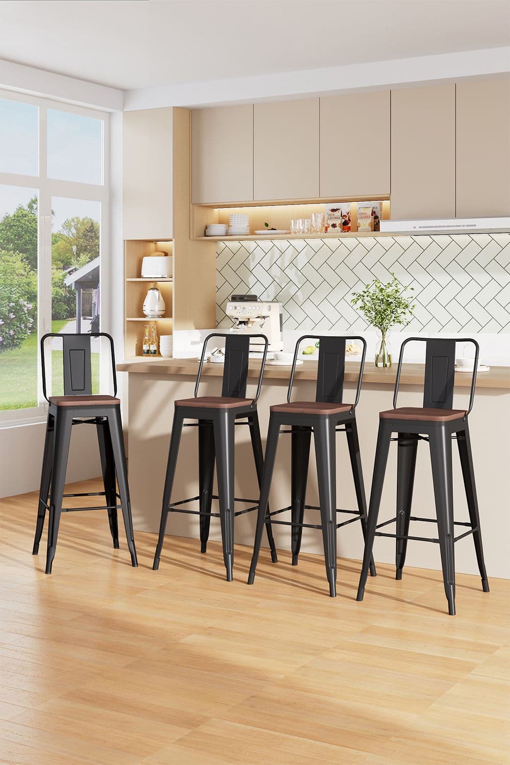 4Pcs Industrial Style High Chair Metal Frame Bar Stool with Footrest