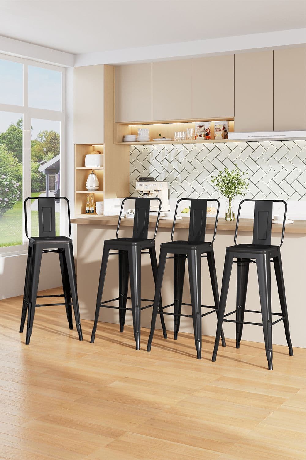 4Pcs Industrial Style High Chair Gloss Black Metal Frame Bar Stool