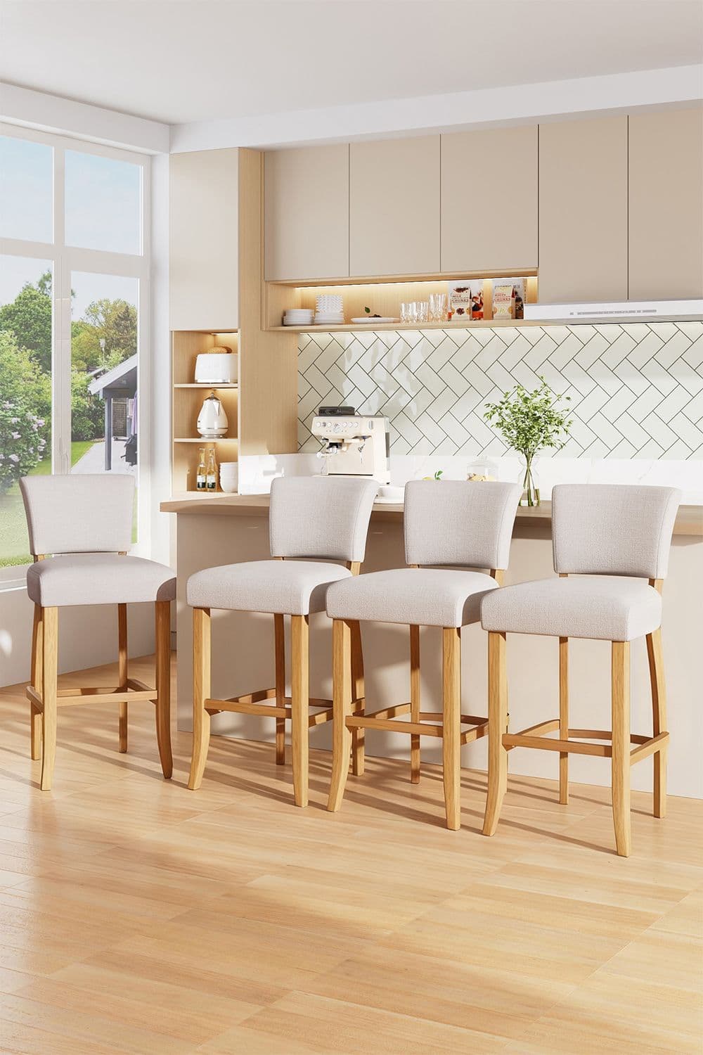 Set of 2 Beige Linen Bar Stools Dining Chair with Back Footrest