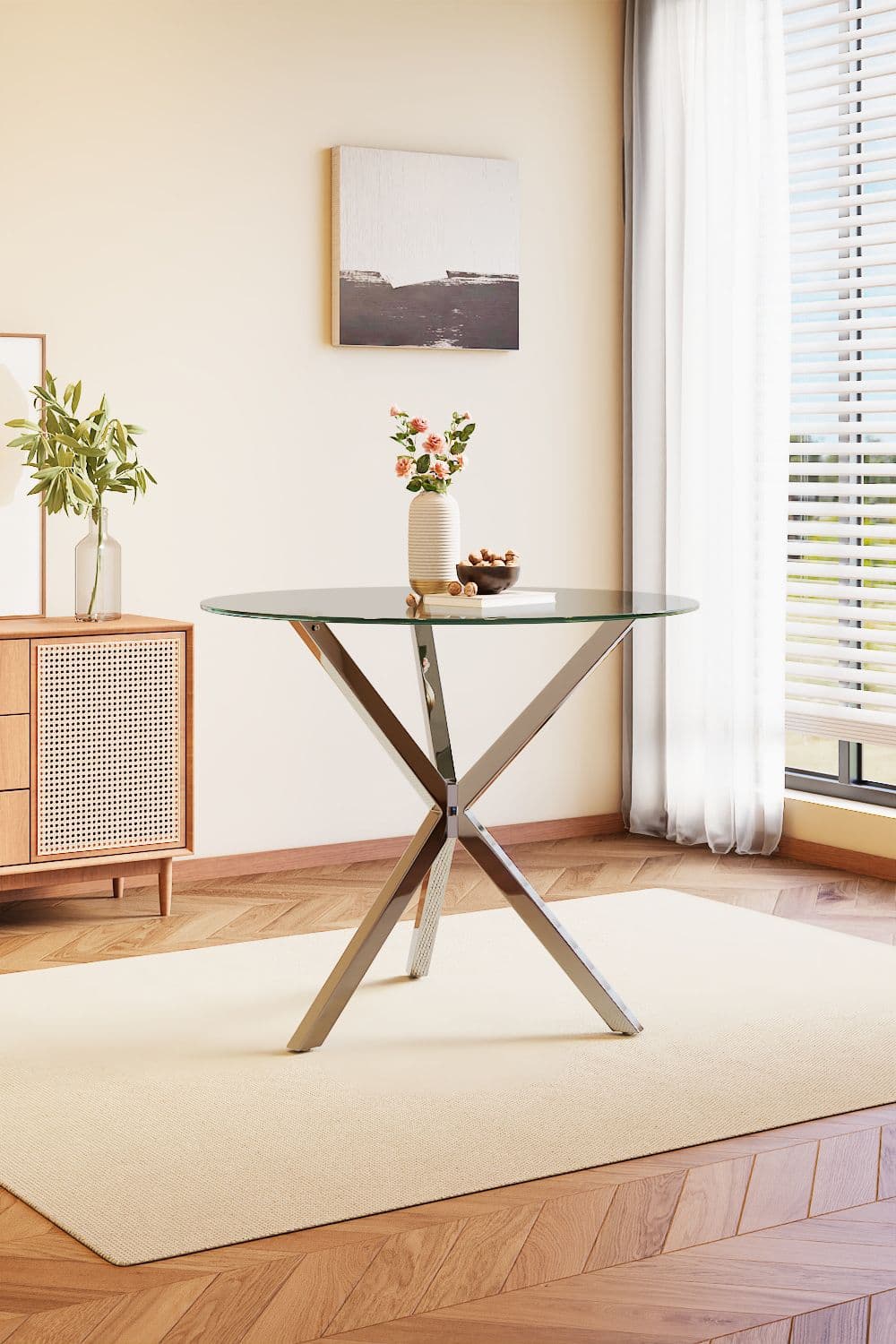 Modern Tempered Glass Coffee Table Chrome Three Way Crossed Legs