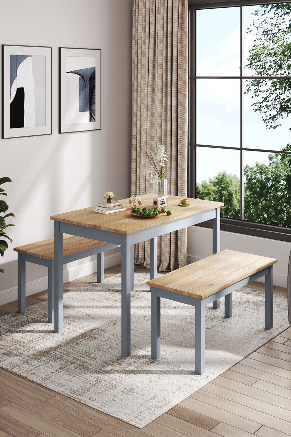 3Pcs Set Modern Pine Wood Dining Table and Benches with Grey Legs