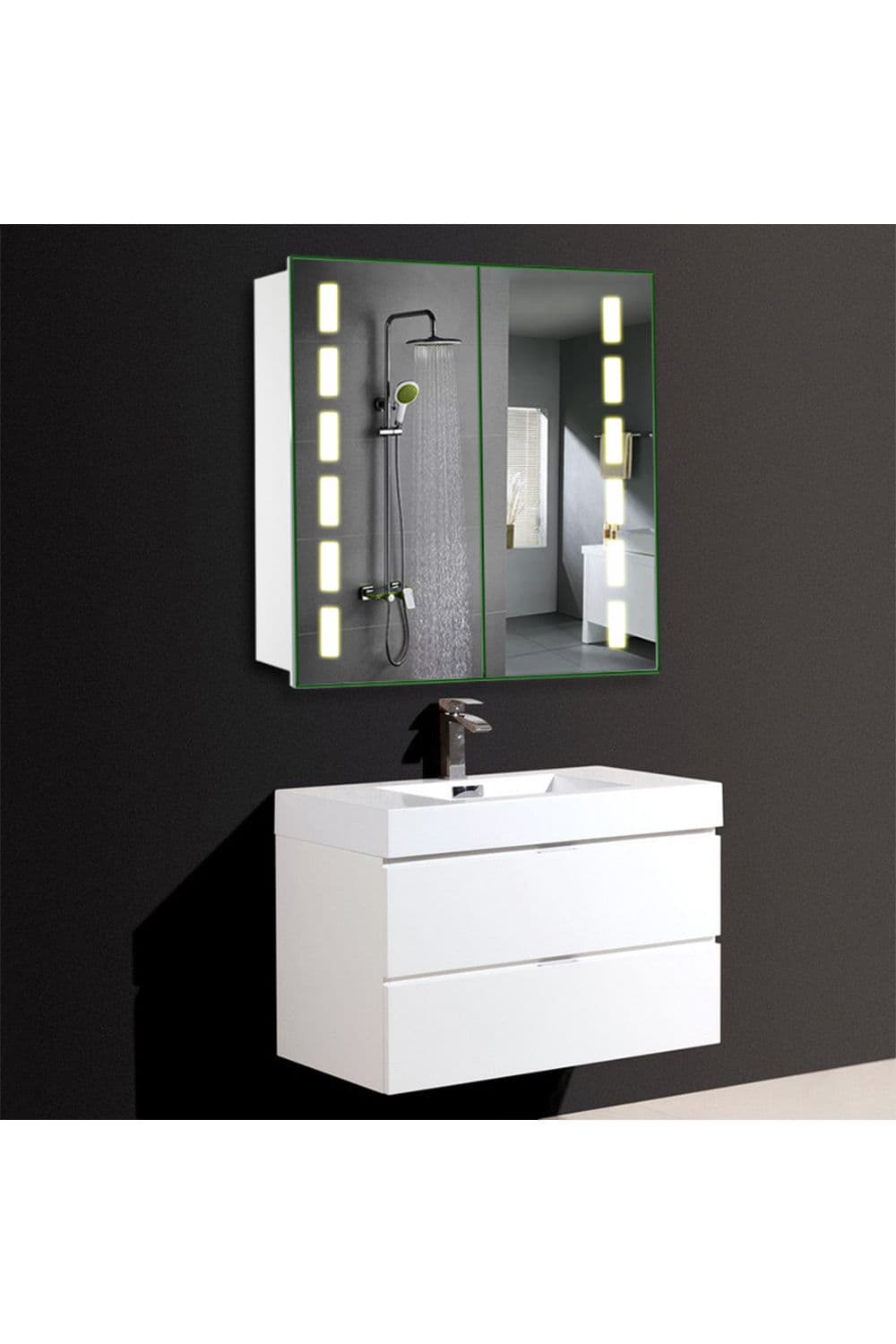 LED Anti-Fog Double-Door Storage Mirror Cabinet with Sensor Switch and Bluetooth Speaker