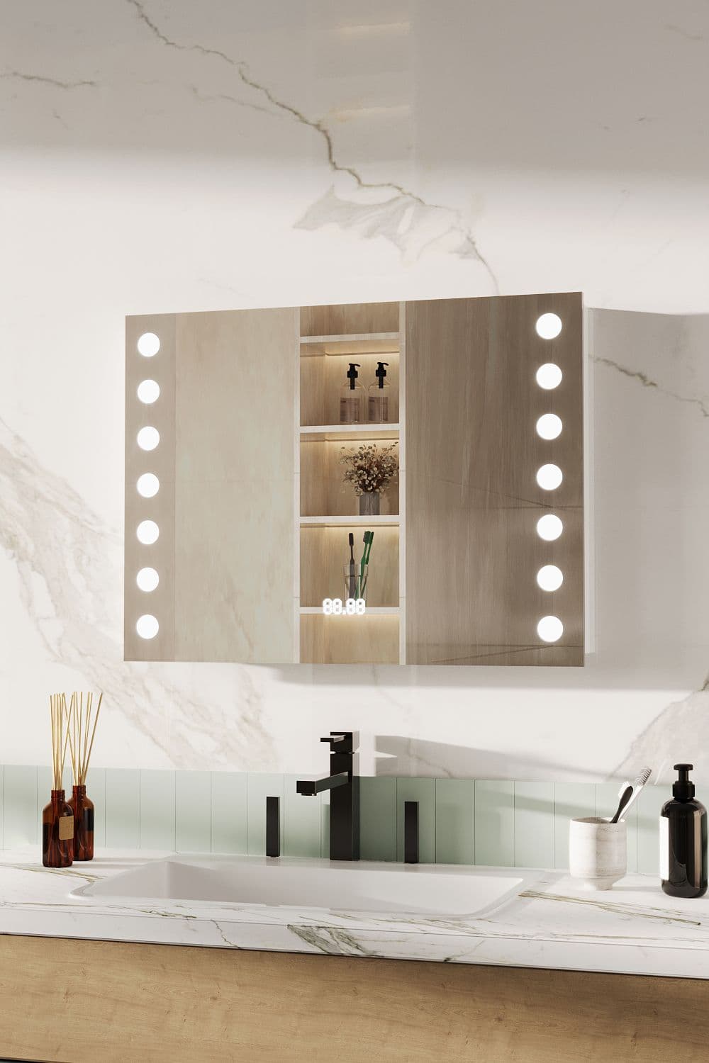 Bathroom Horizontal LED Anti-Fog Mirror with Sensor Switch and Clock