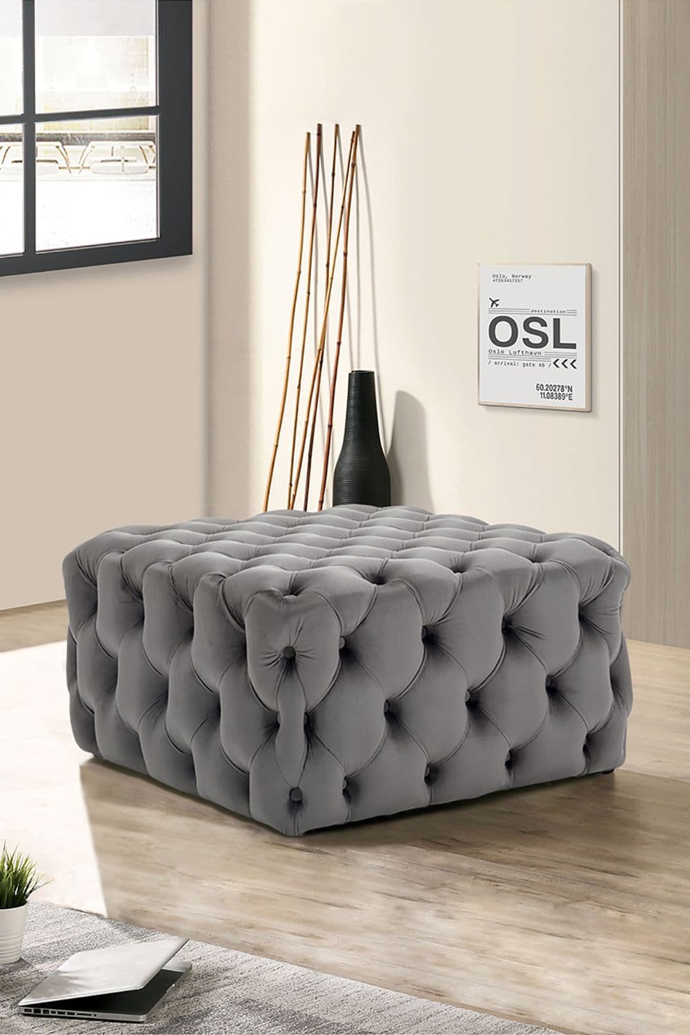70cm W Grey Velvet Buttoned Tufted Square Footstool Coffee Table