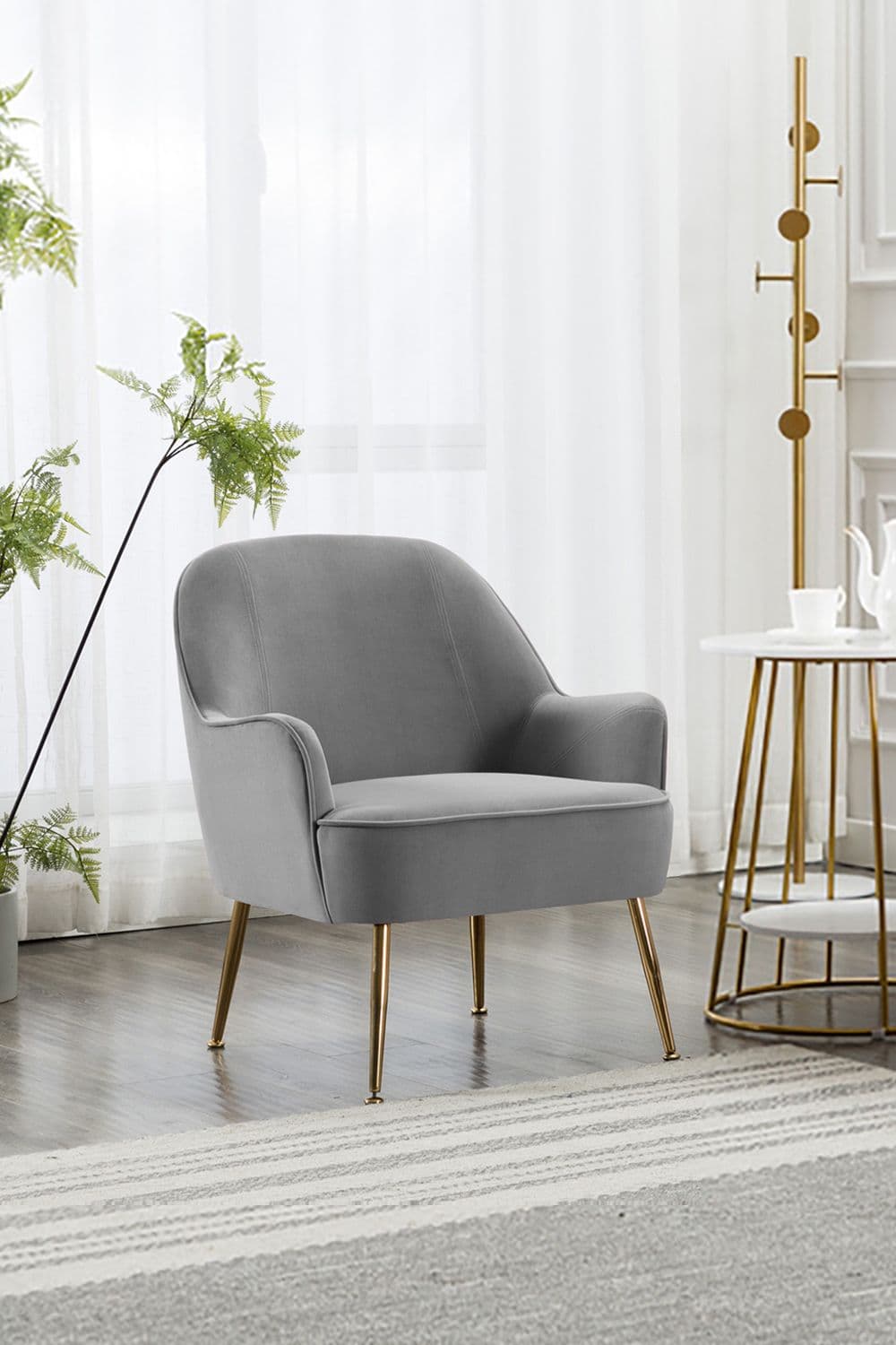 Contemporary Upholstered Grey Velvet Armchair with Gold-Plated Feet