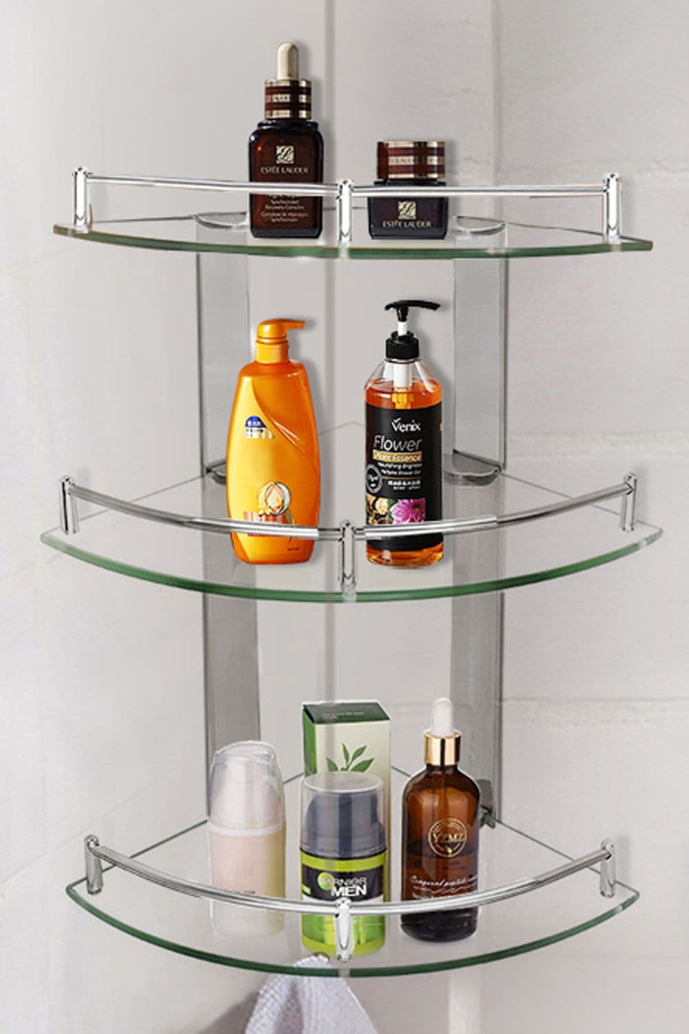 3 Tiers Tempered Glass Corner Shelf with Steel Bathroom Rail Wall Mounted
