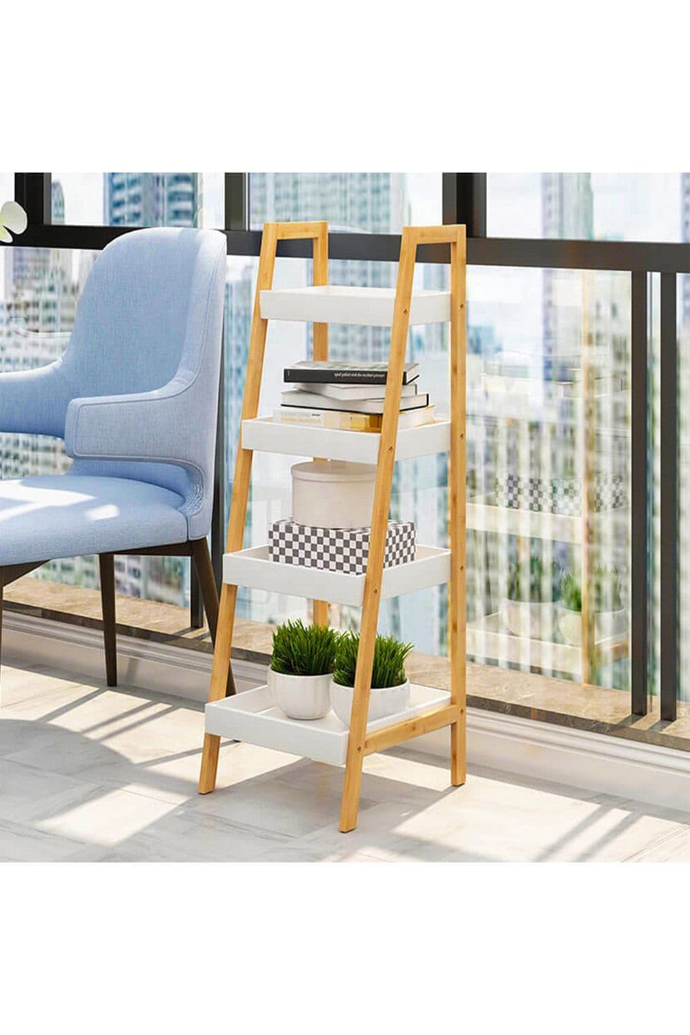 4-Tier Ladder Shelf Storage Organizer Wooden Freestanding Bookshelf