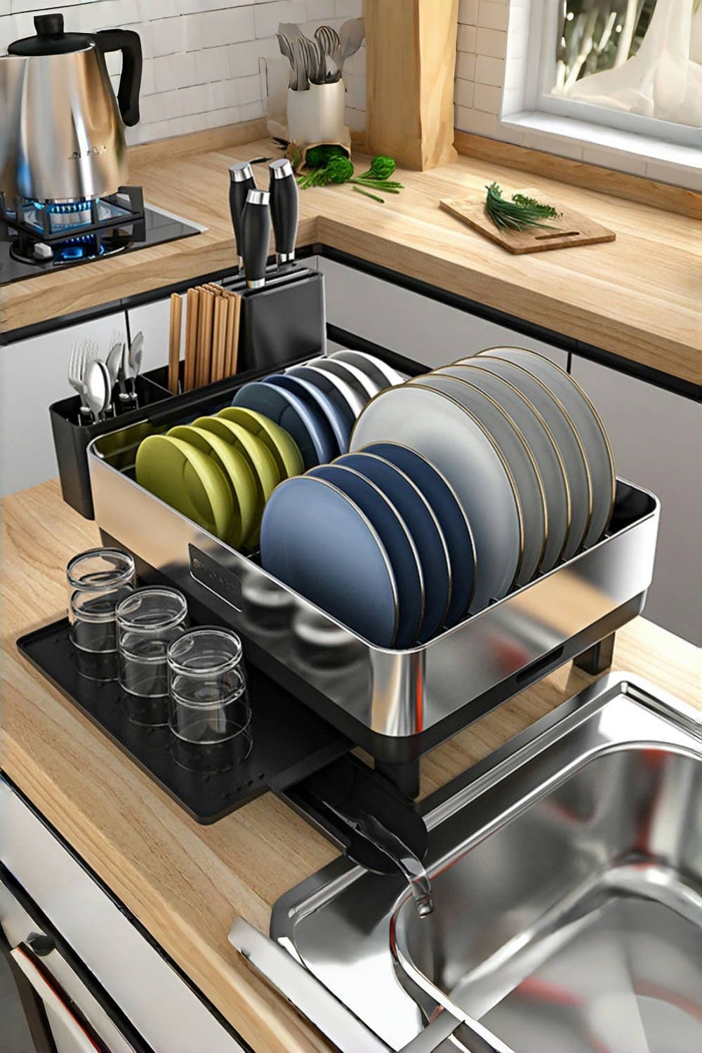 Stainless Steel Expandable Dish Drainer Rack Kitchen Organizer with Knife Tableware Holder
