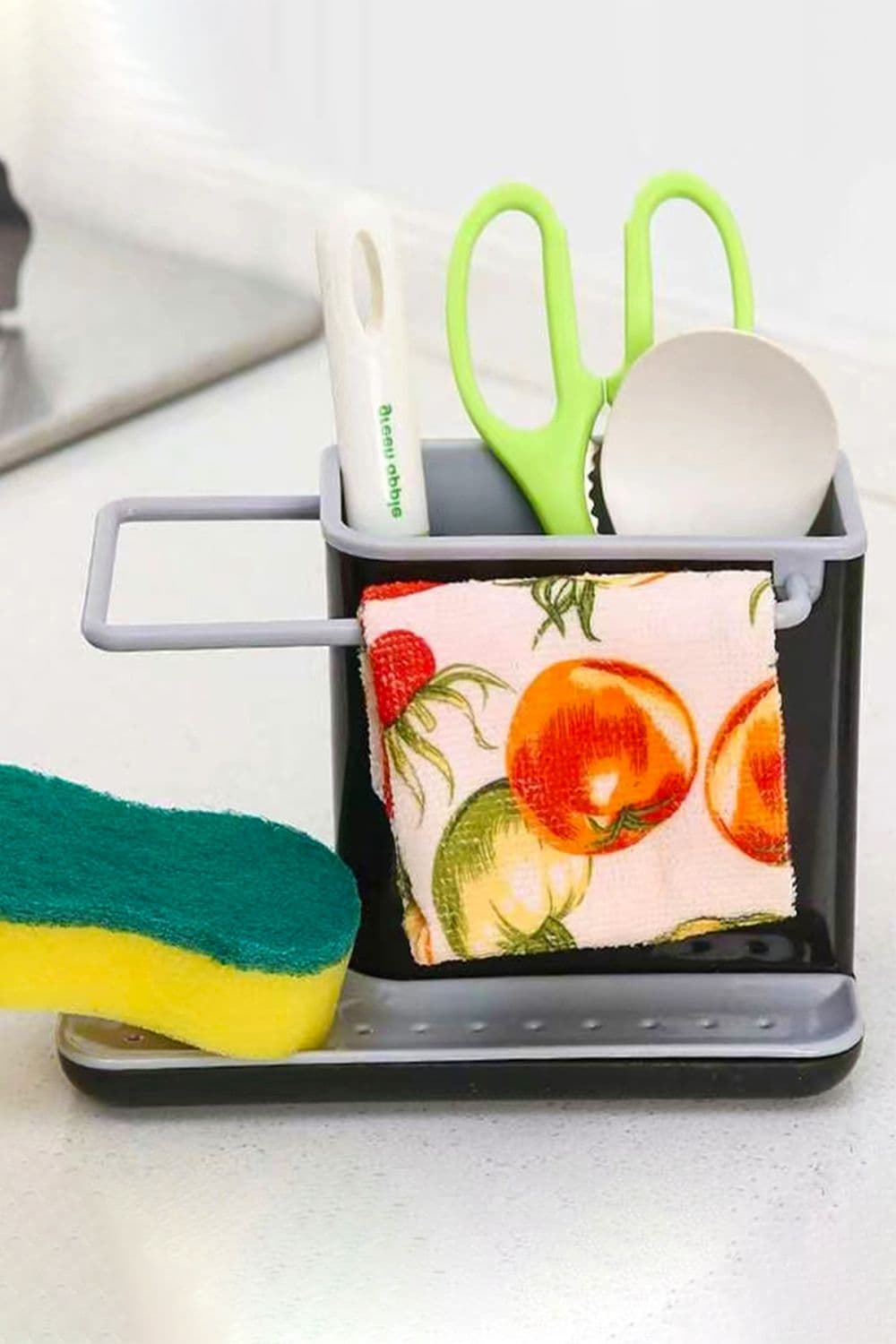 Sponge Cloth Holder Sink Caddy Organiser Drainage Rack with Kitchen Utensils Storage