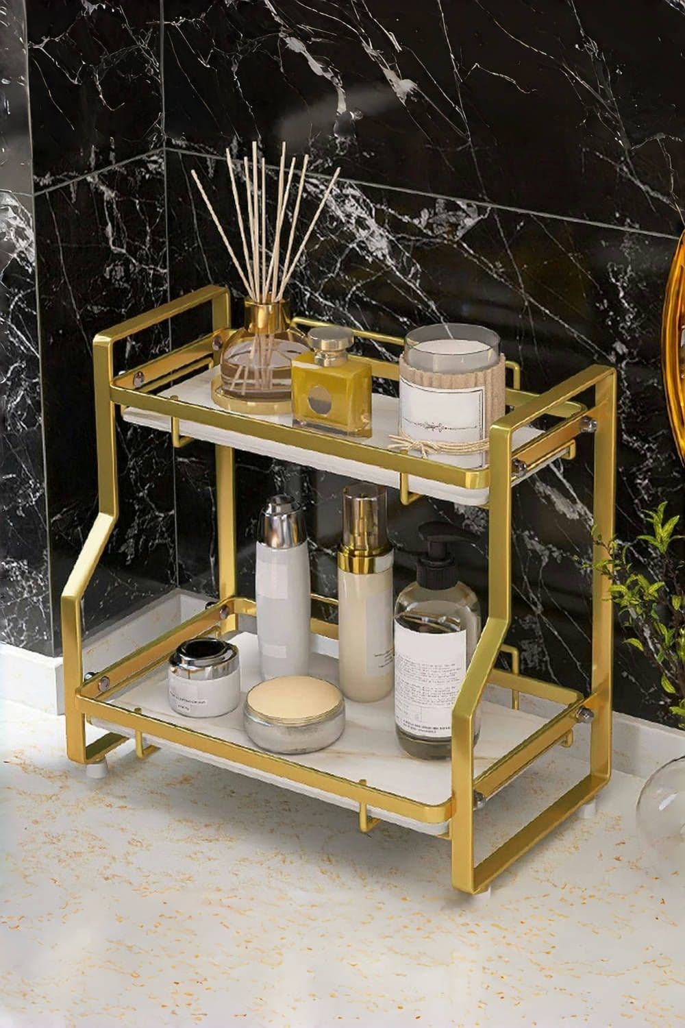 2-Tier Marble Pattern Cosmetic Organiser Bathroon Storage Shelf Ktichen Spice Rack Golden
