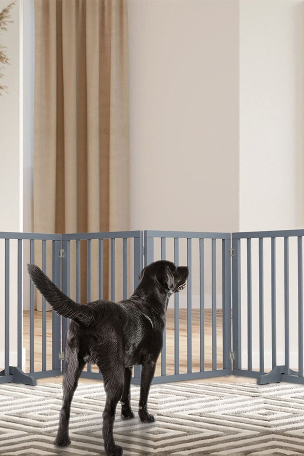 Freestanding Foldable Dog Gate Wooden 183.5cm Wide Grey Puppy Gate 4 Panels Tall Pet Gate