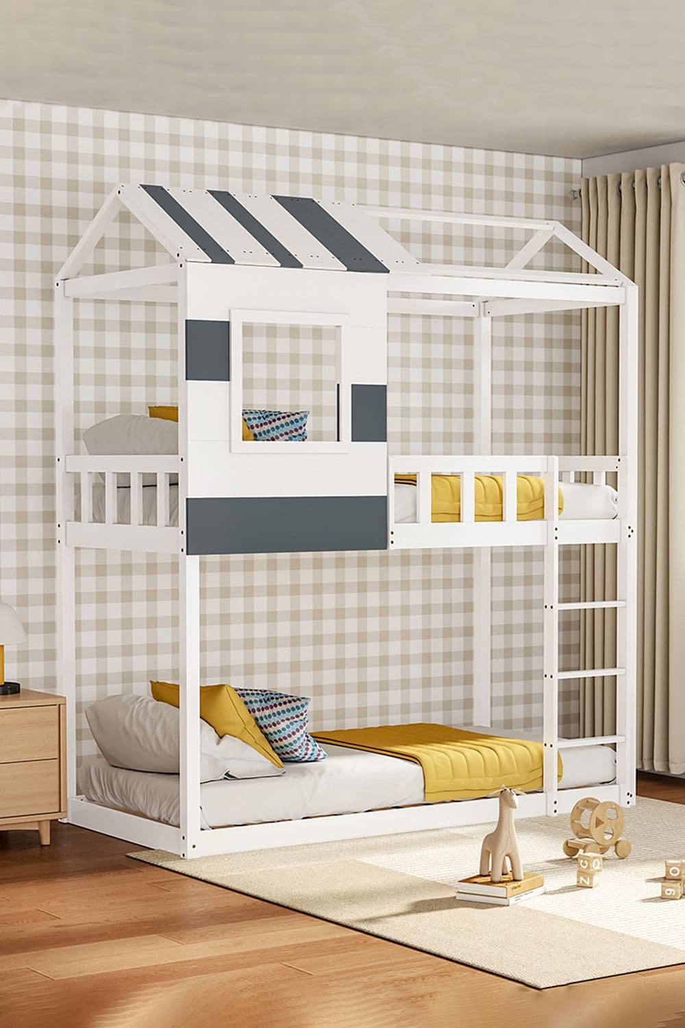 Modern Twin Bunk Bed Slatted Board House Shaped