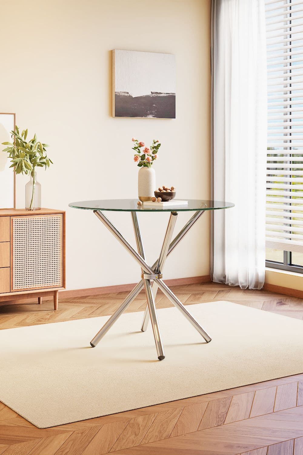 Tempered Glass Crossover Round Dining Table 88cm Dia x 75cm H